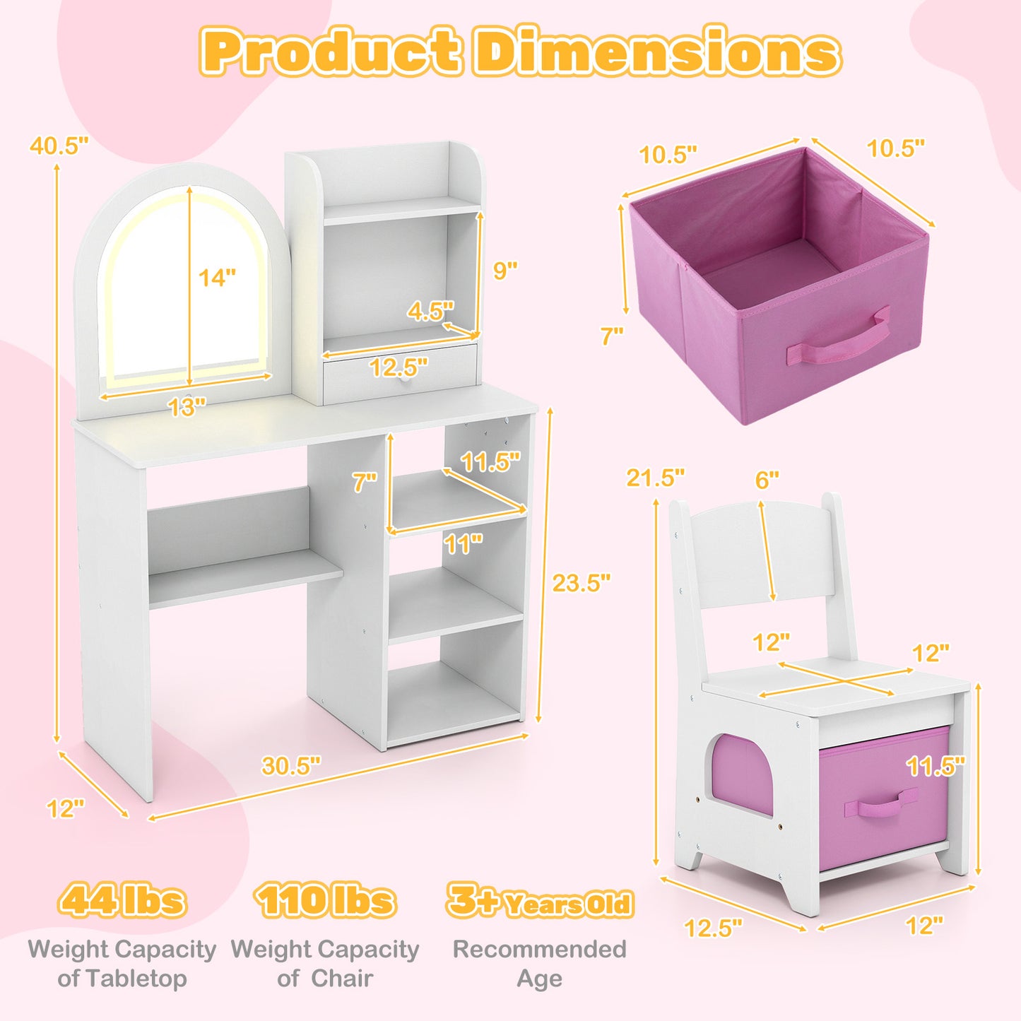 Kids Vanity Set with LED Lighted Mirror and Chair - Pink