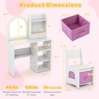 Kids Vanity Set with LED Lighted Mirror and Chair - Pink
