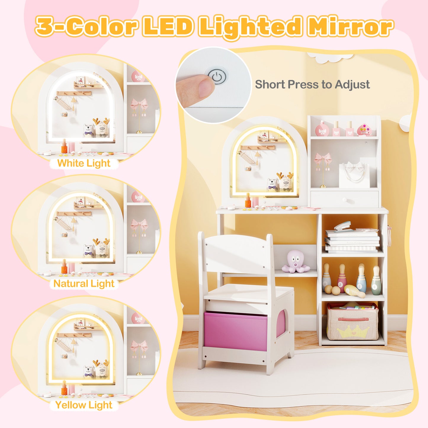 Kids Vanity Set with LED Lighted Mirror and Chair - Pink