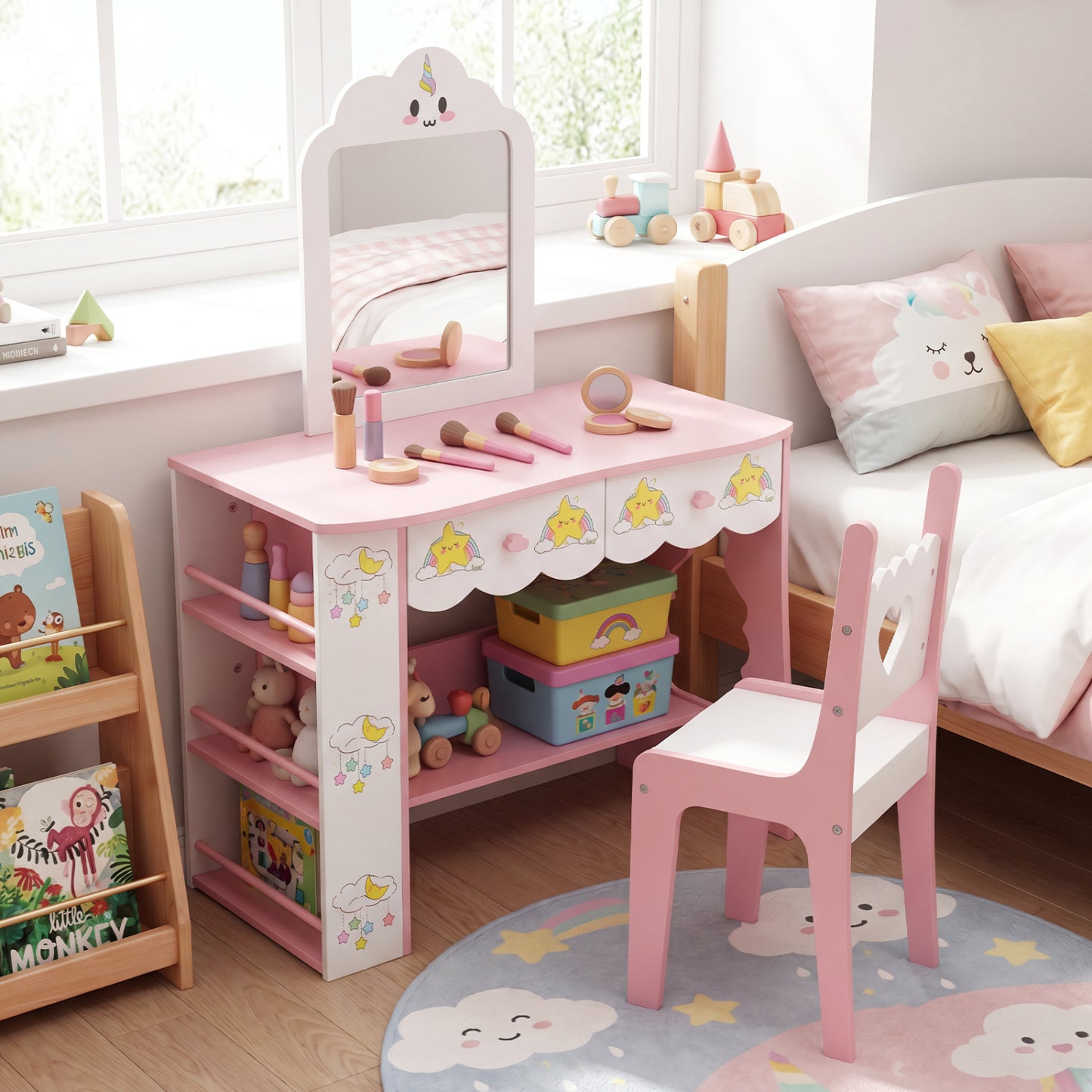 Kids Vanity Set with Mirror and Chair - Pink & White