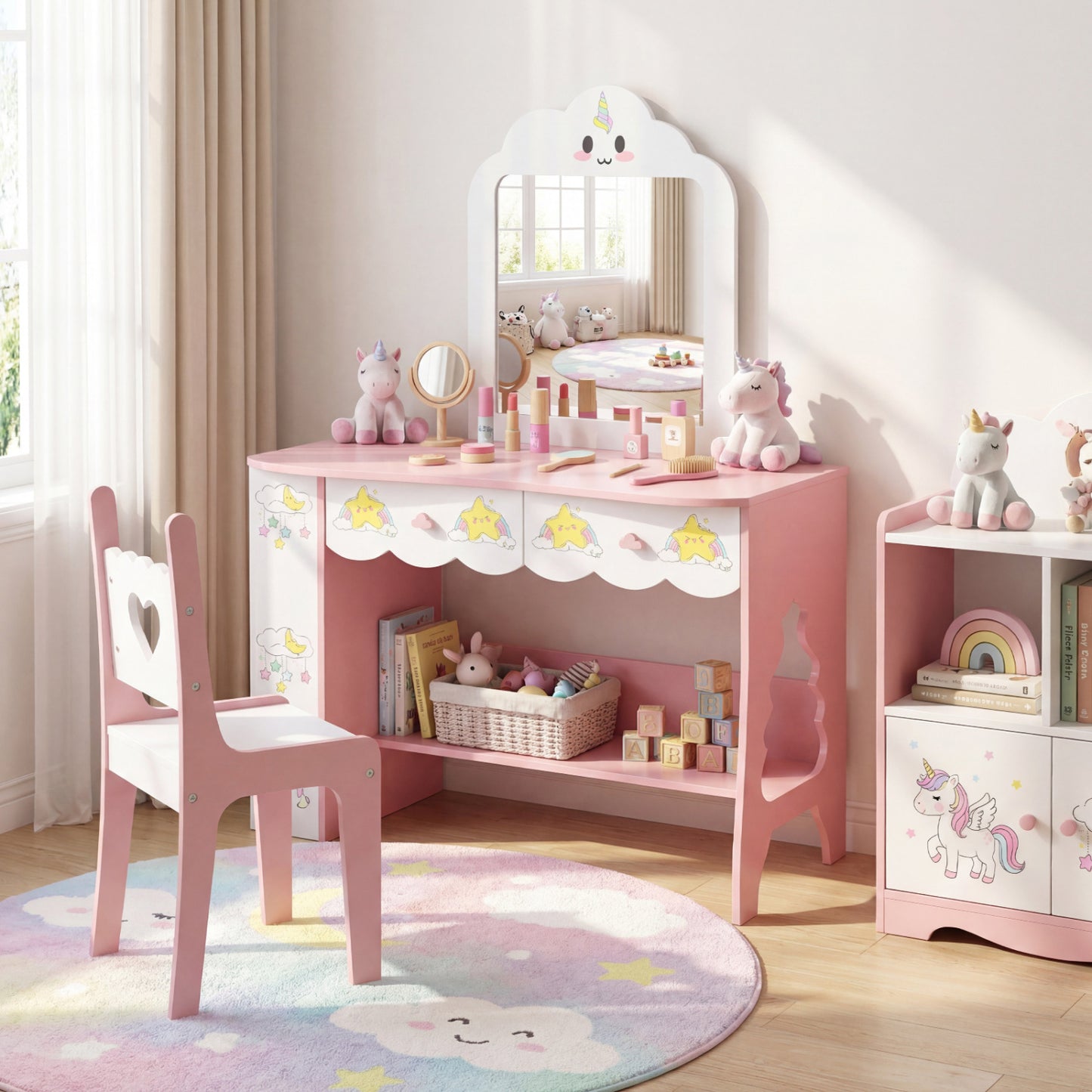 Kids Vanity Set with Mirror and Chair - Pink & White
