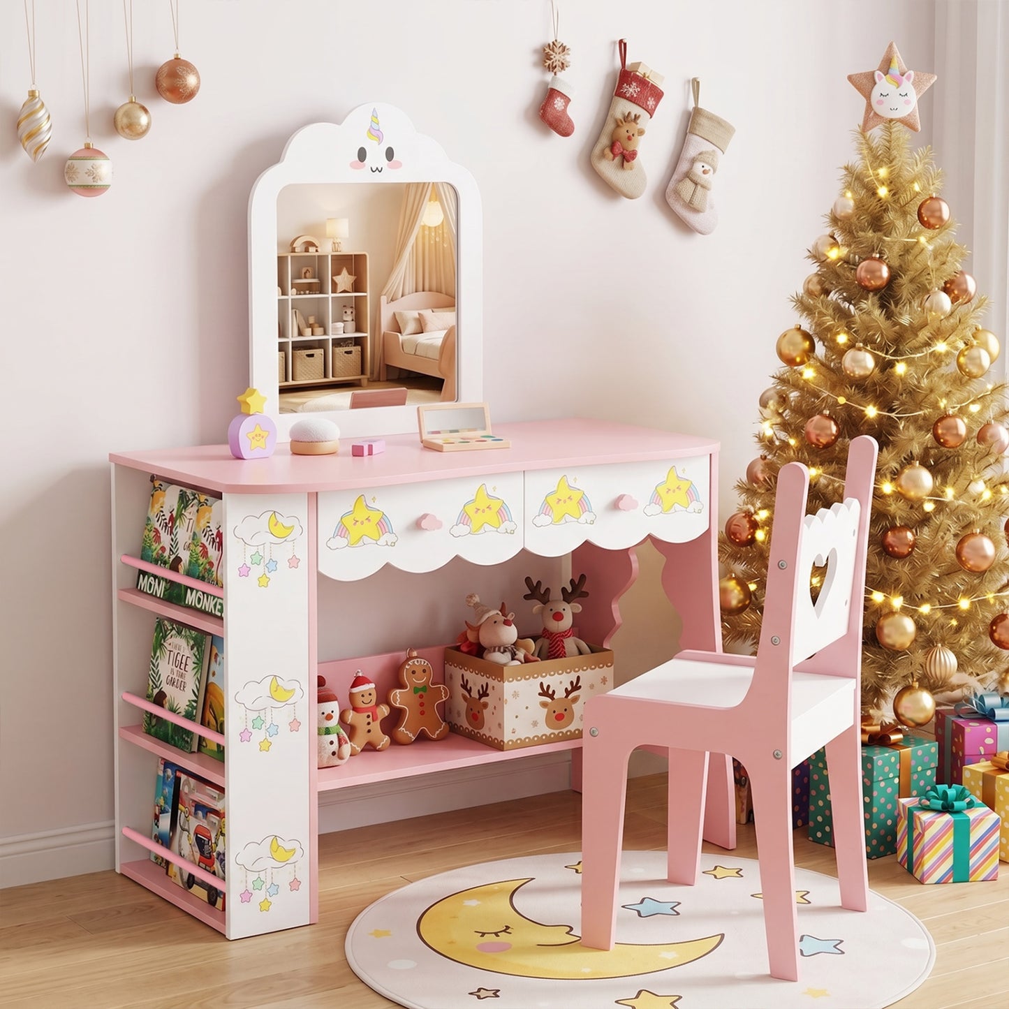 Kids Vanity Set with Mirror and Chair - Pink & White