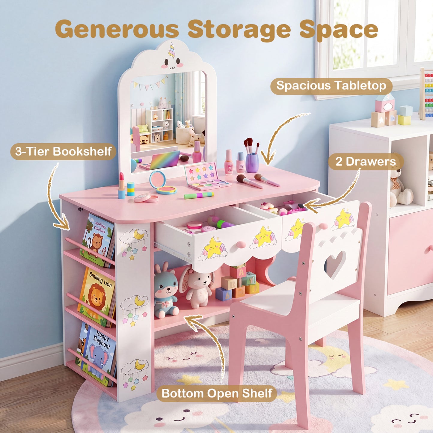 Kids Vanity Set with Mirror and Chair - Pink & White