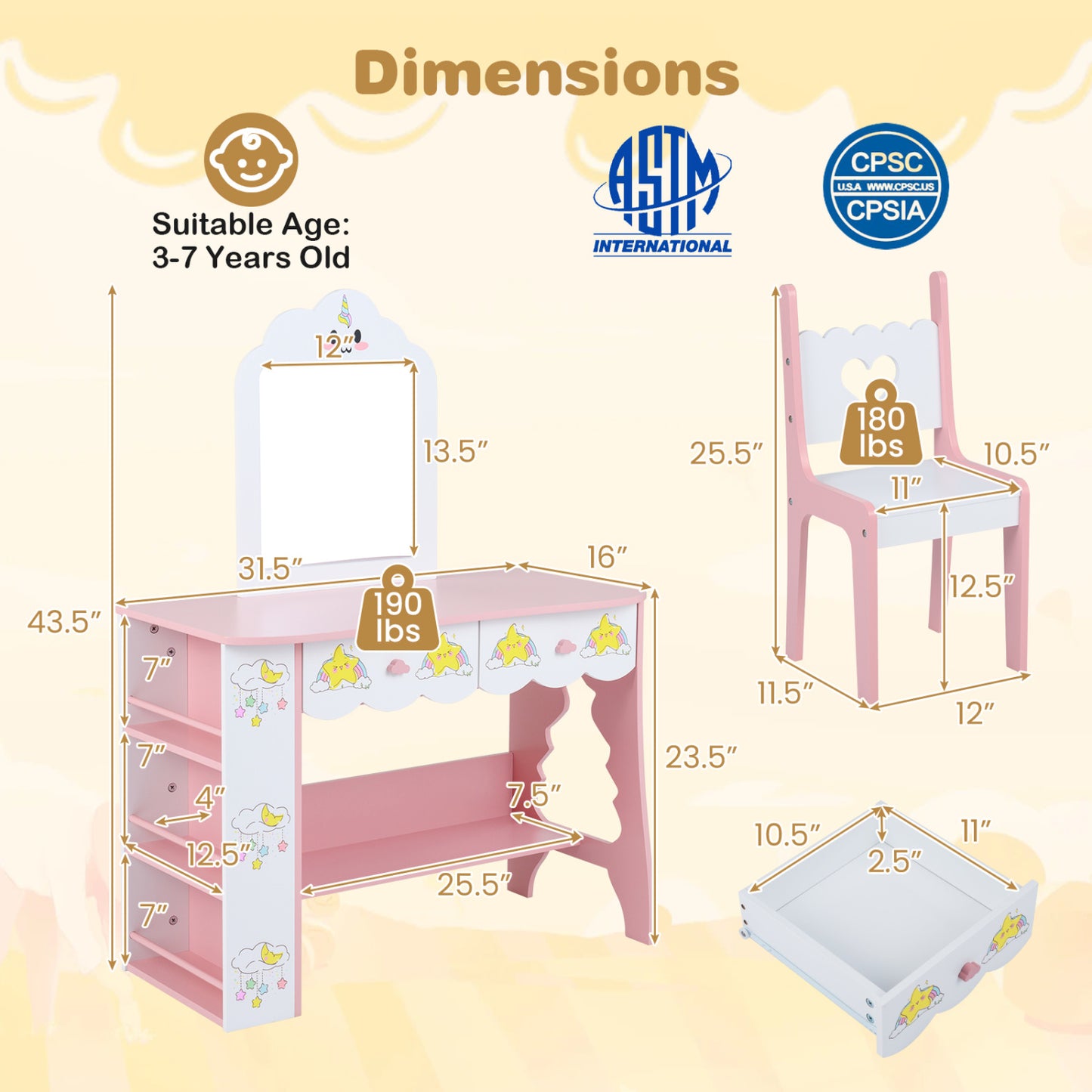 Kids Vanity Set with Mirror and Chair - Pink & White