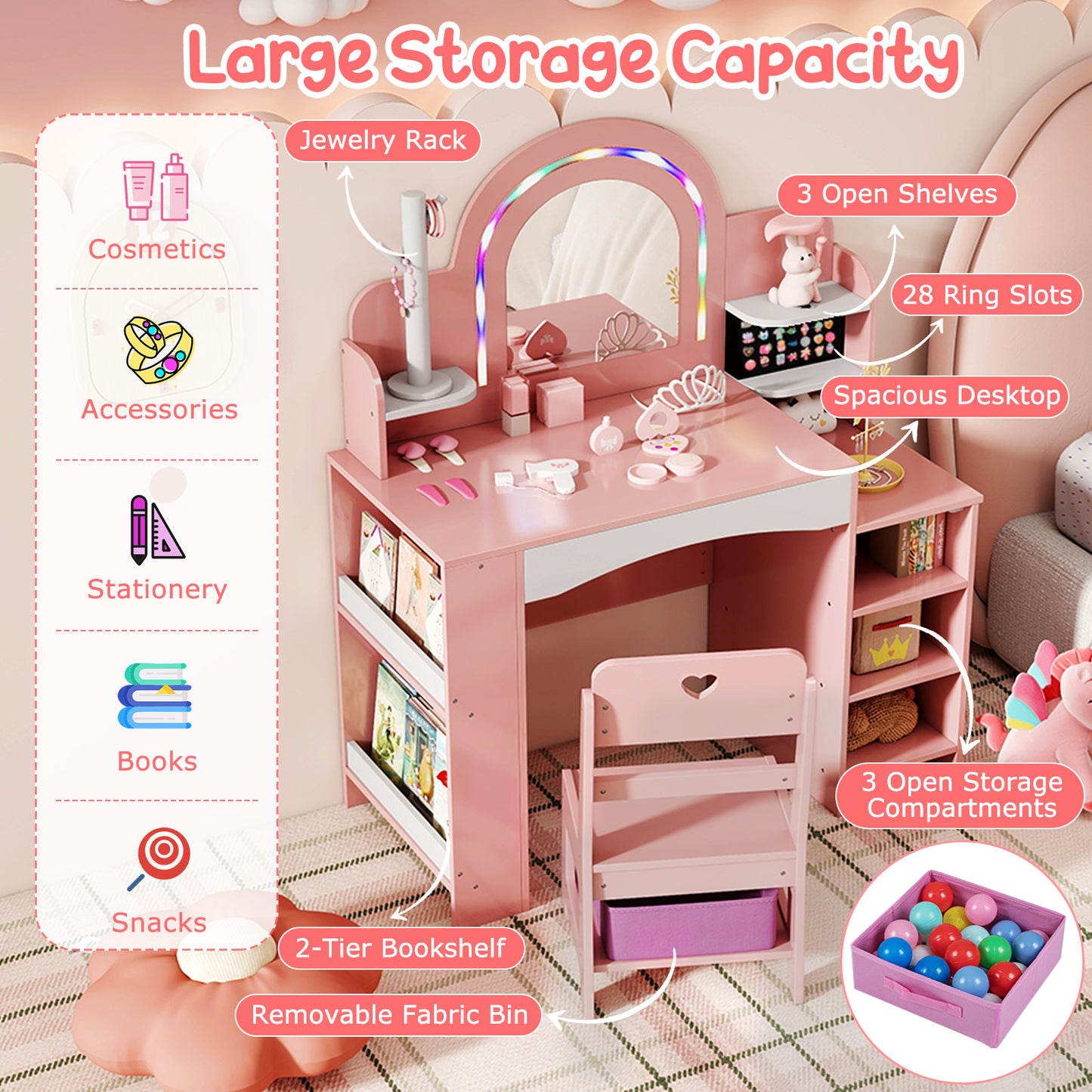 Kids Vanity Set with LED Mirror and Chair