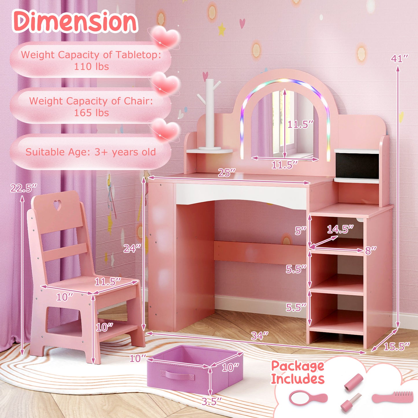Kids Vanity Set with LED Mirror and Chair