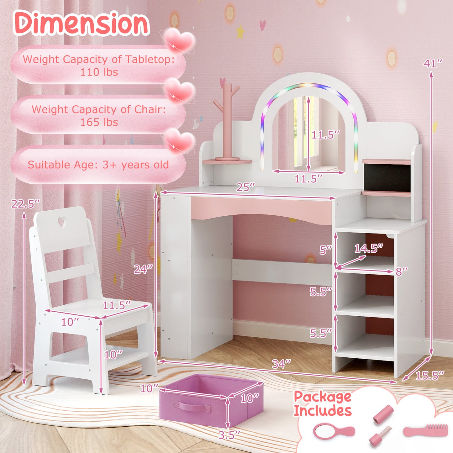 Kids Vanity Set with LED Mirror and Chair