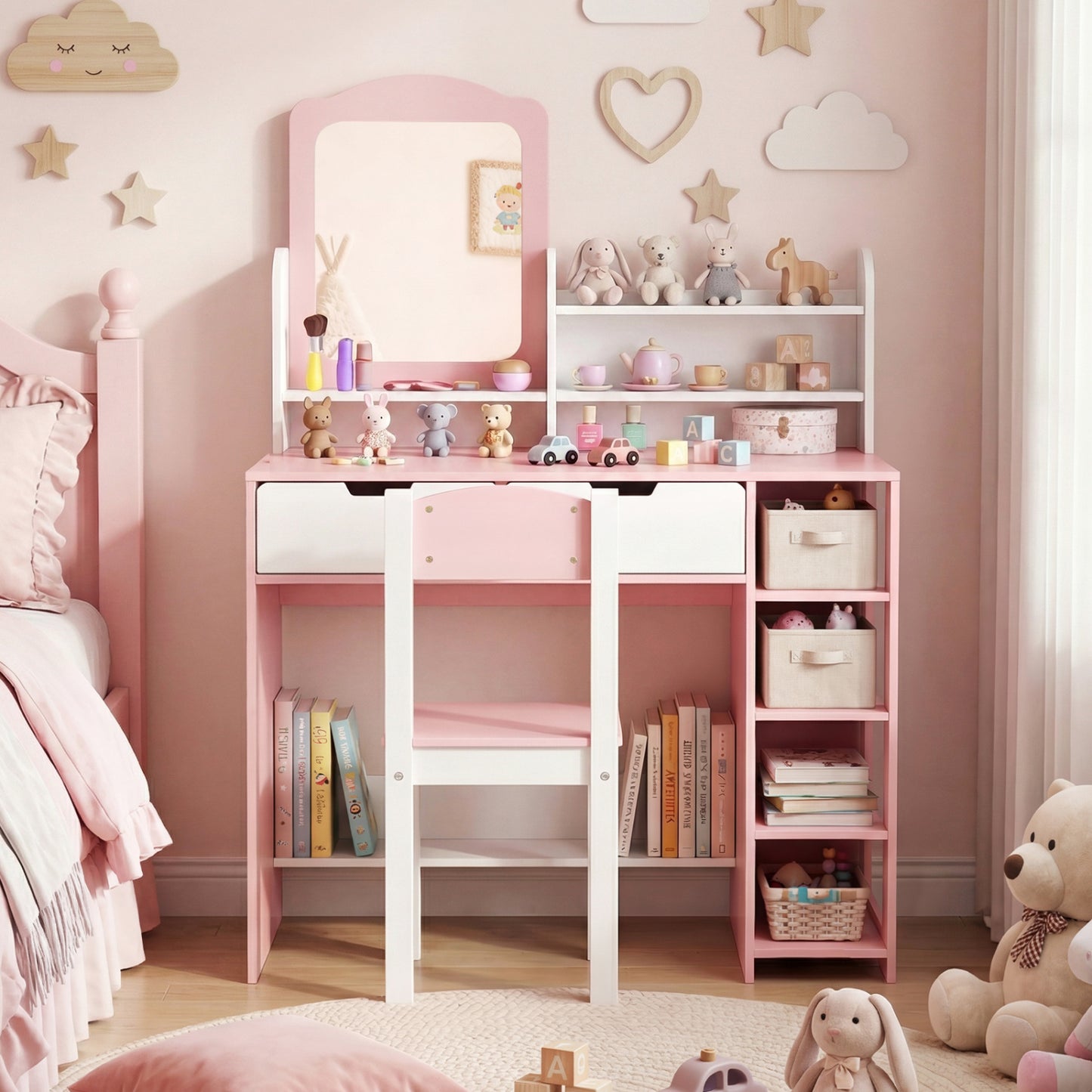 Kids Vanity Set with Chair and Mirror - Pink & White