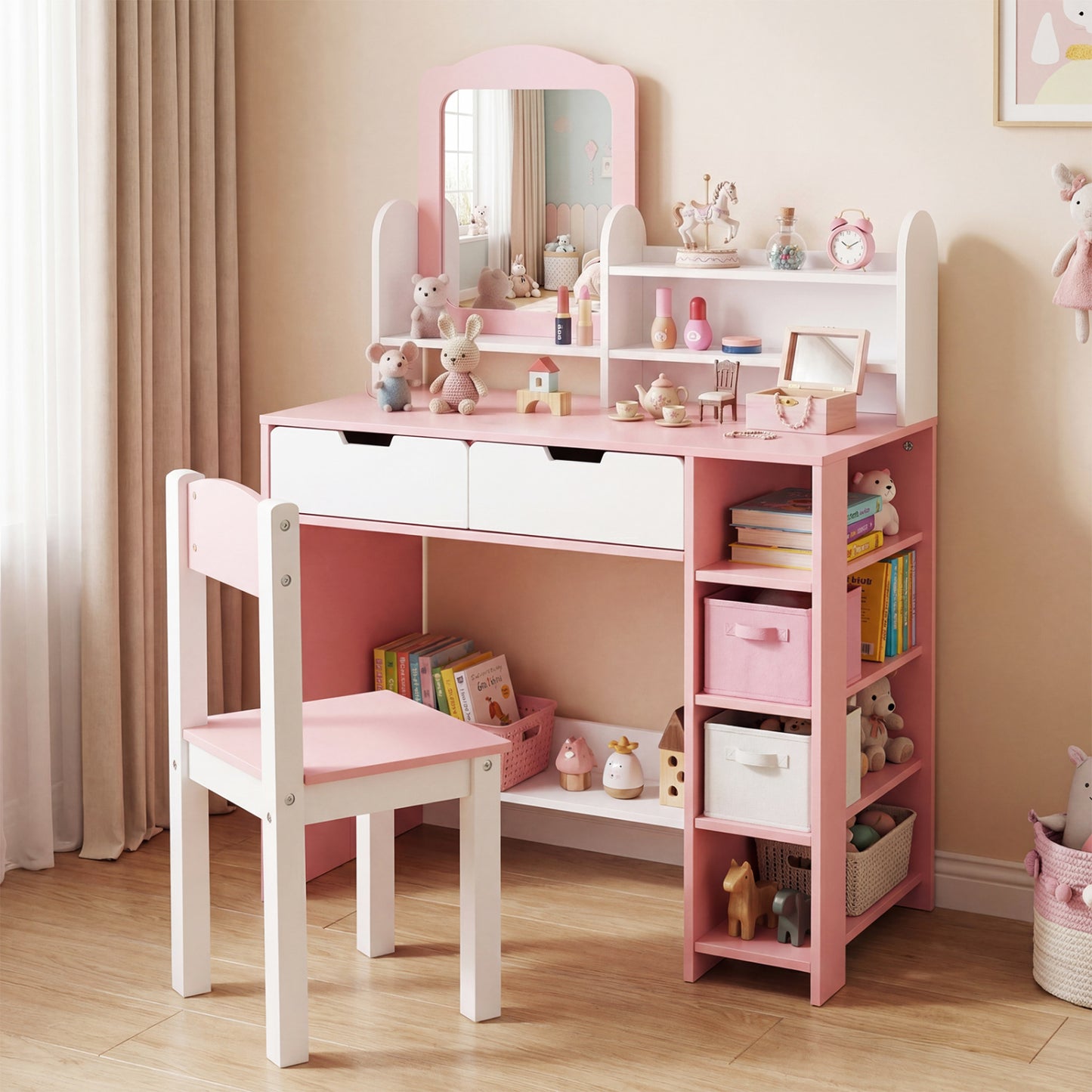 Kids Vanity Set with Chair and Mirror - Pink & White
