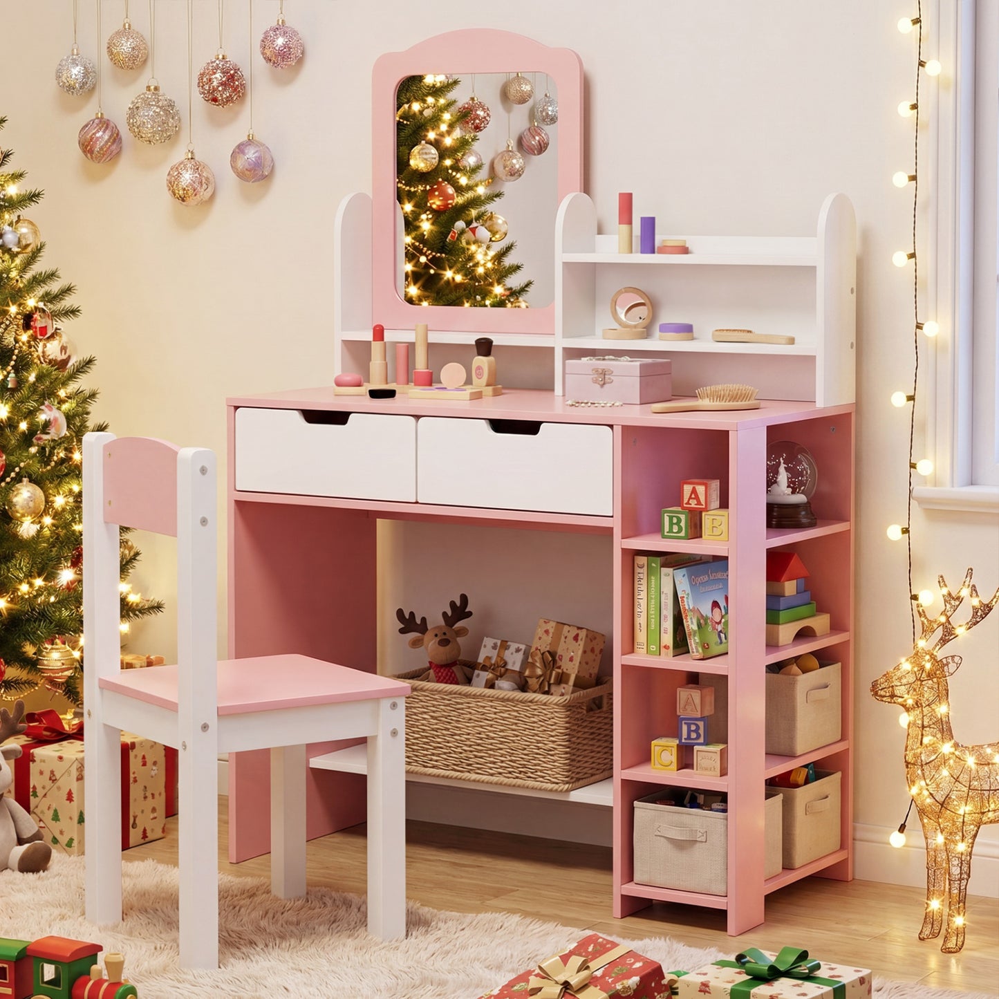Kids Vanity Set with Chair and Mirror - Pink & White