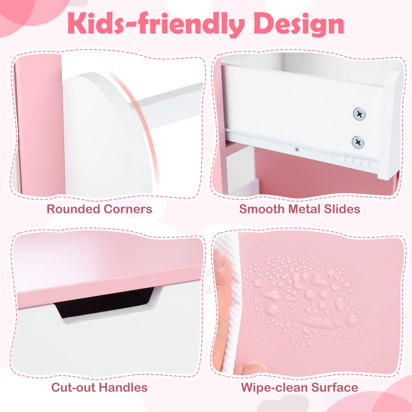 Kids Vanity Set with Chair and Mirror - Pink & White