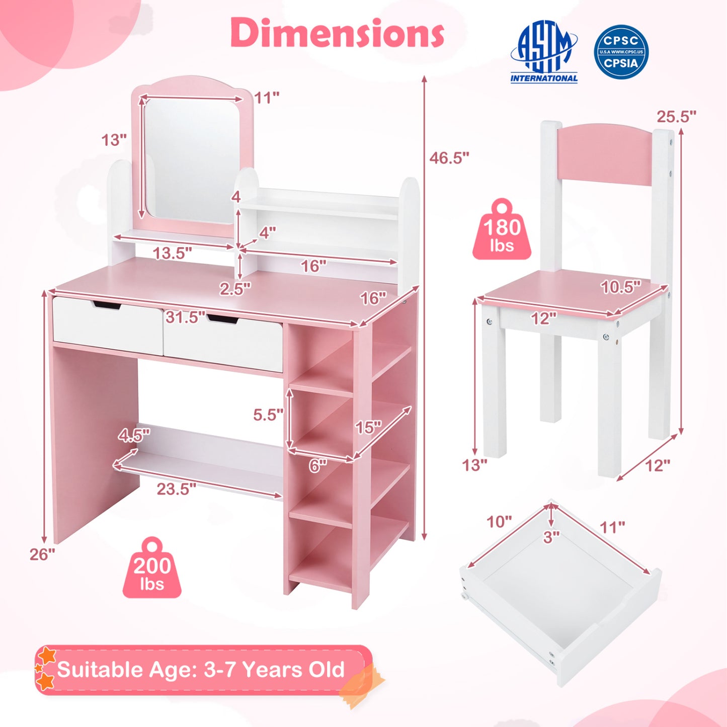 Kids Vanity Set with Chair and Mirror - Pink & White