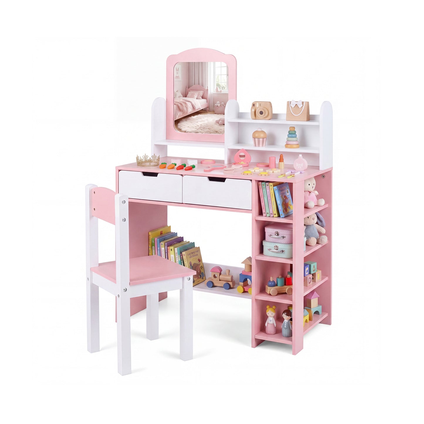 Kids Vanity Set with Chair and Mirror - Pink & White
