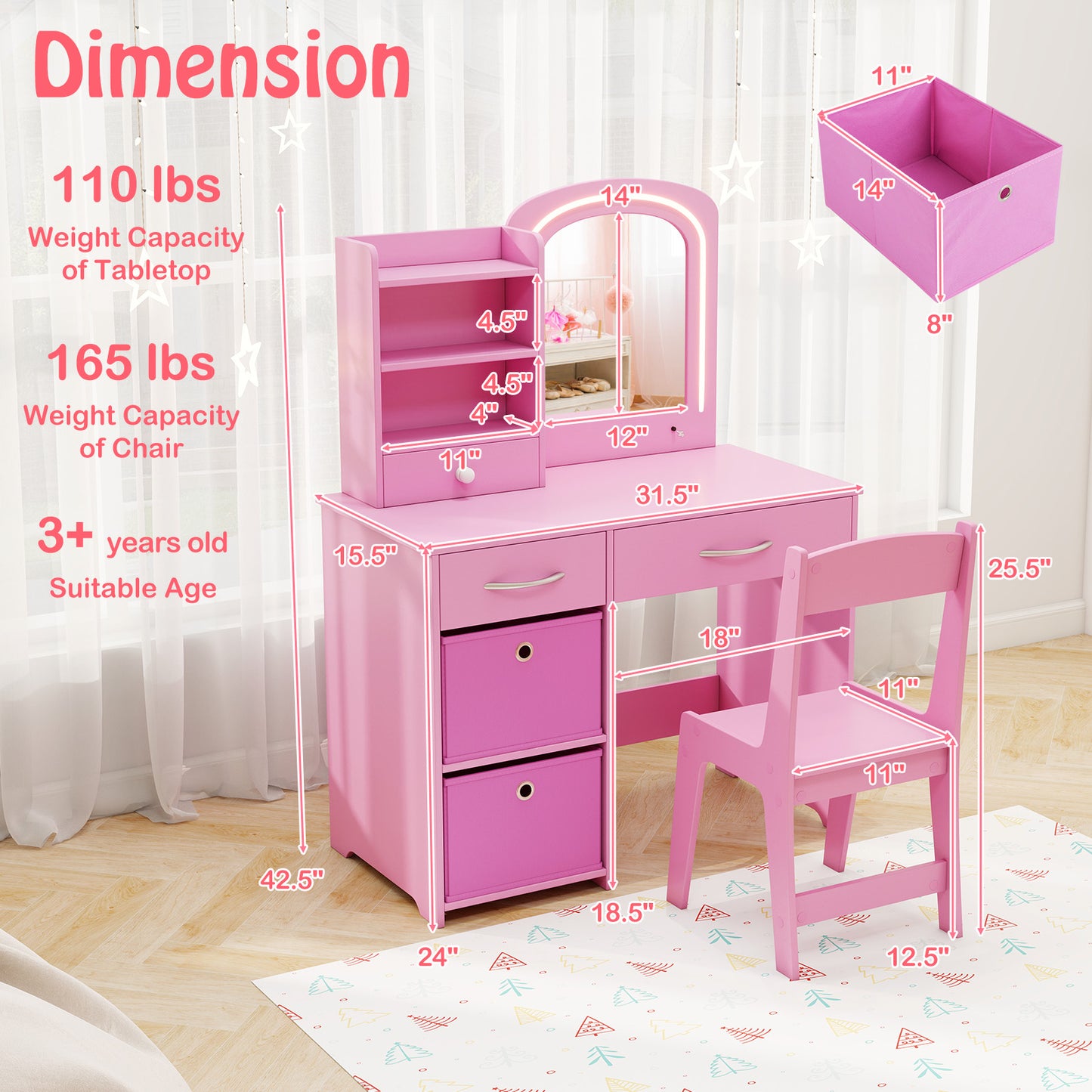 Kids Vanity Set with Lighted Mirror and Chair