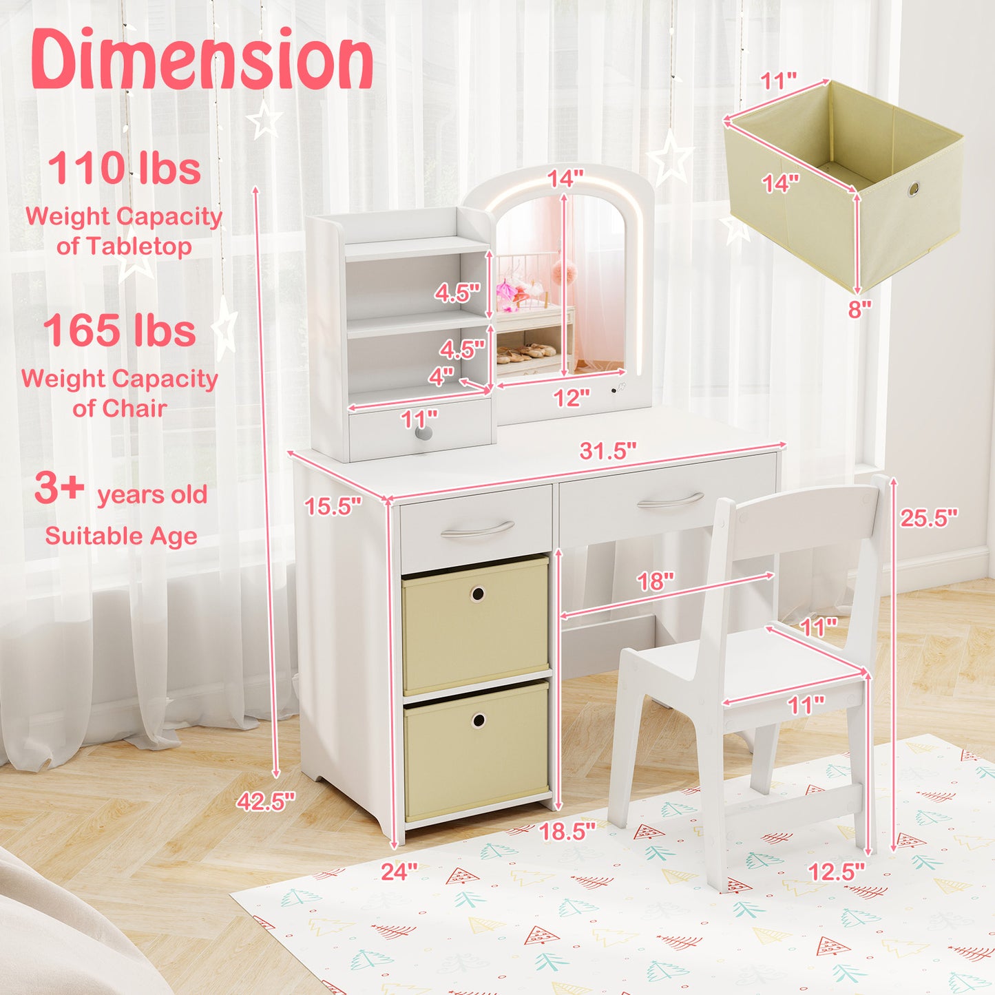 Kids Vanity Set with Lighted Mirror and Chair