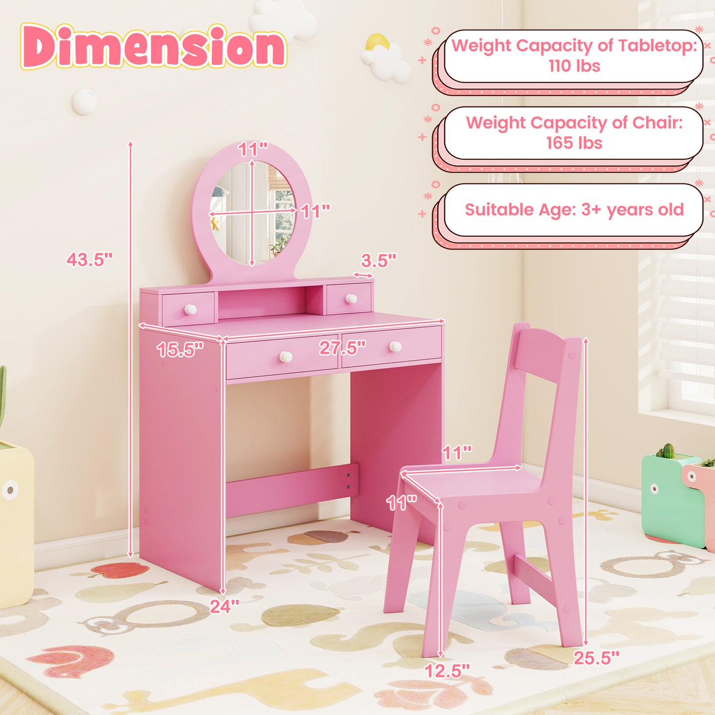 Kids Vanity Set with Mirror and Chair - White