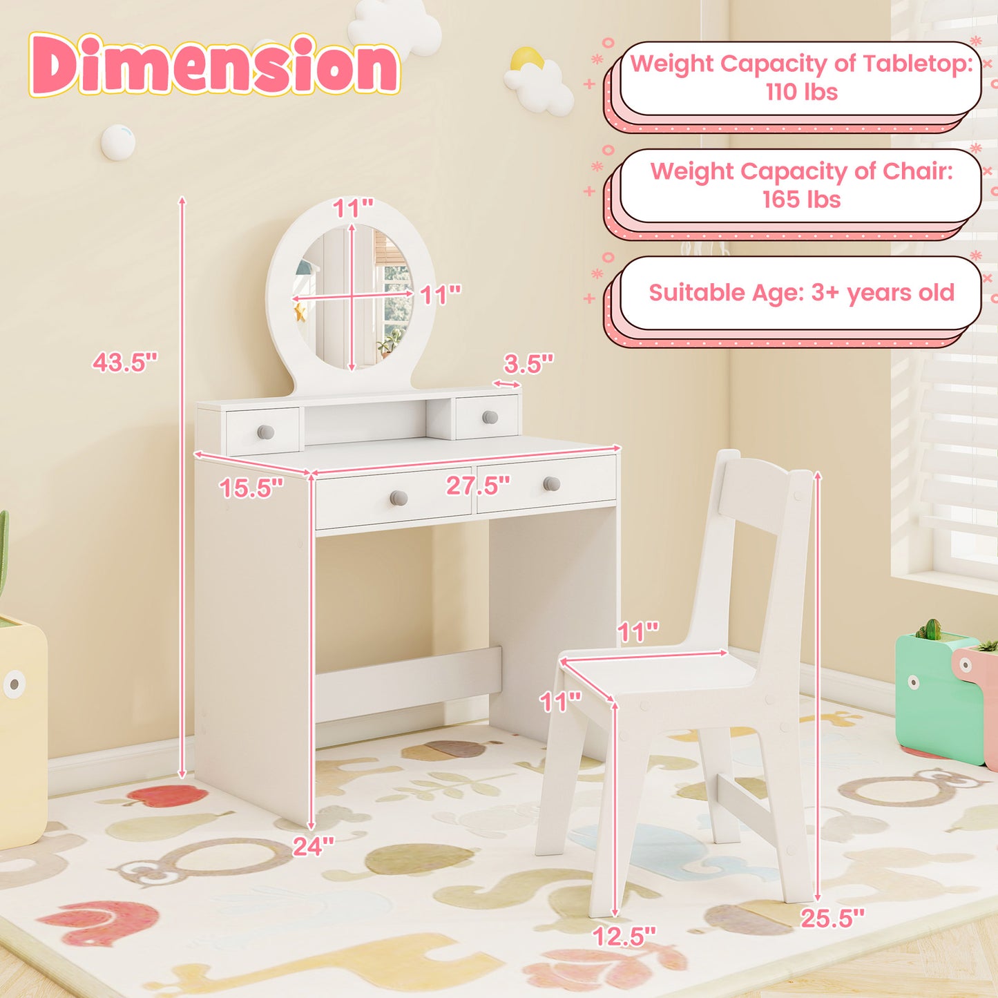 Kids Vanity Set with Mirror and Chair - White