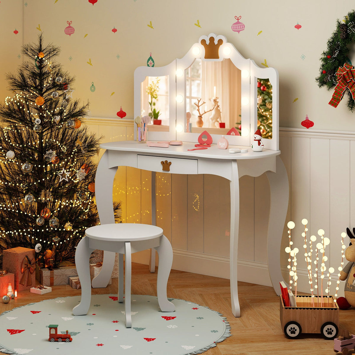 Kids Vanity Set with Tri-fold Lighted Mirror Detachable Top and Stool