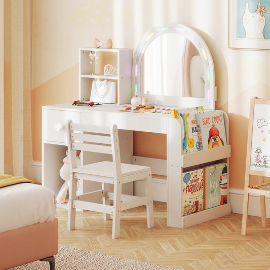 Kids Vanity Table and Chair Set with Lighted Mirror