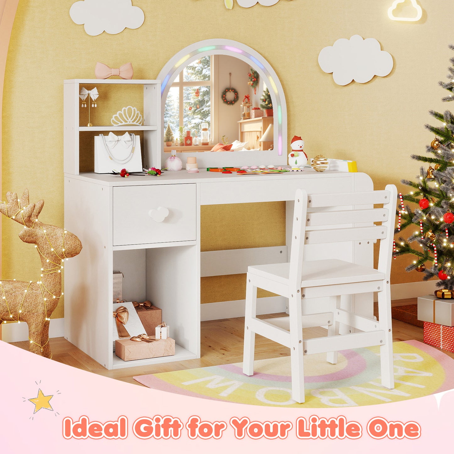 Kids Vanity Table and Chair Set with Lighted Mirror