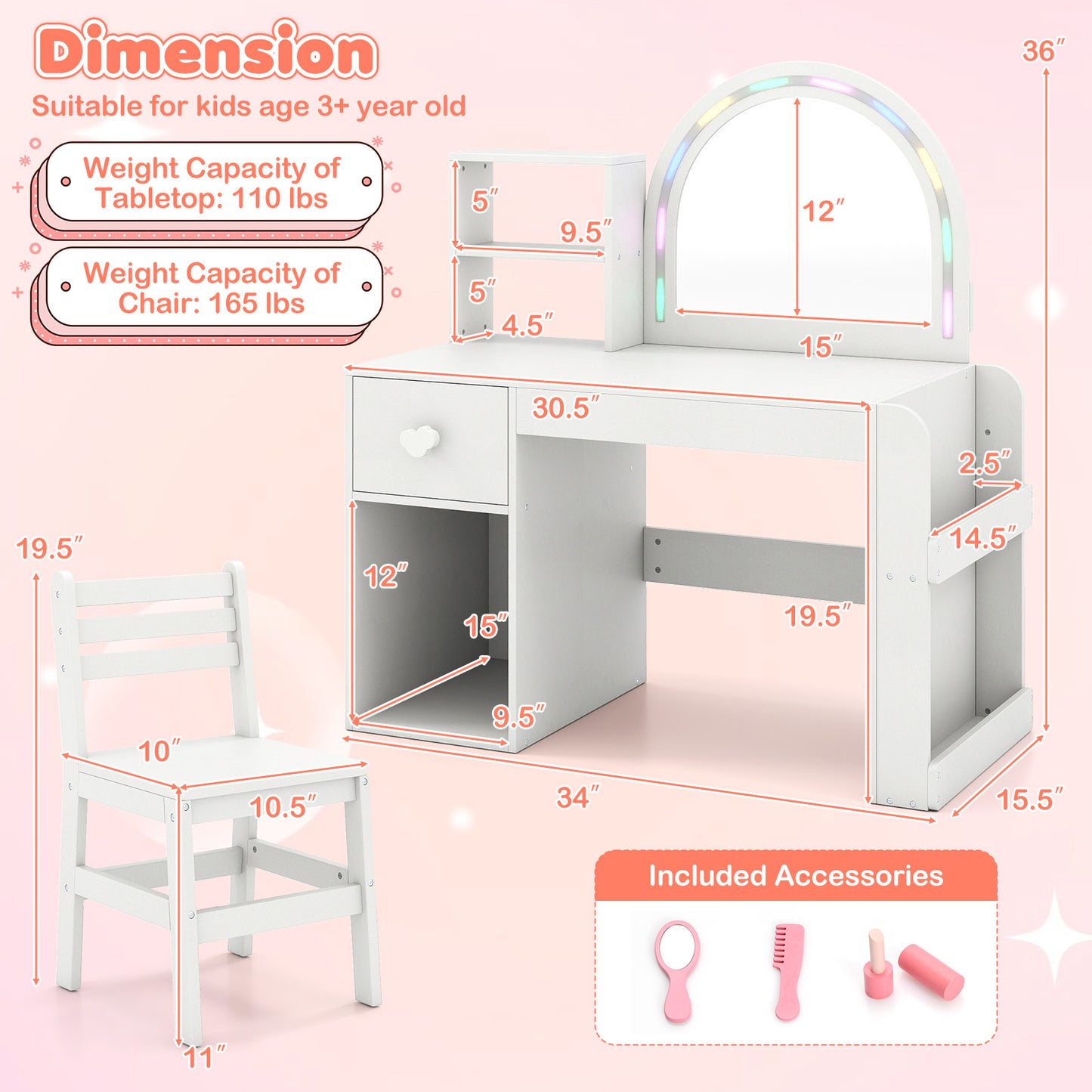 Kids Vanity Table and Chair Set with Lighted Mirror