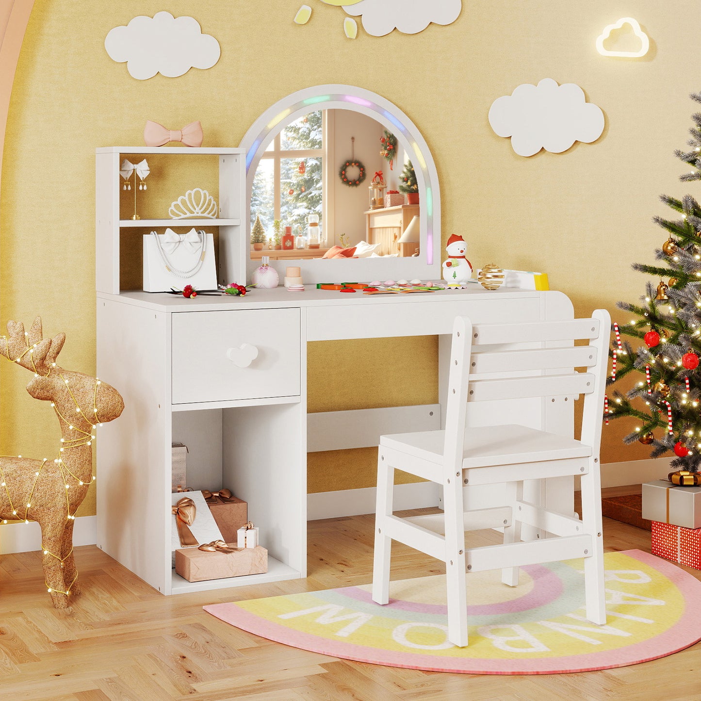 Kids Vanity Table and Chair Set with Lighted Mirror