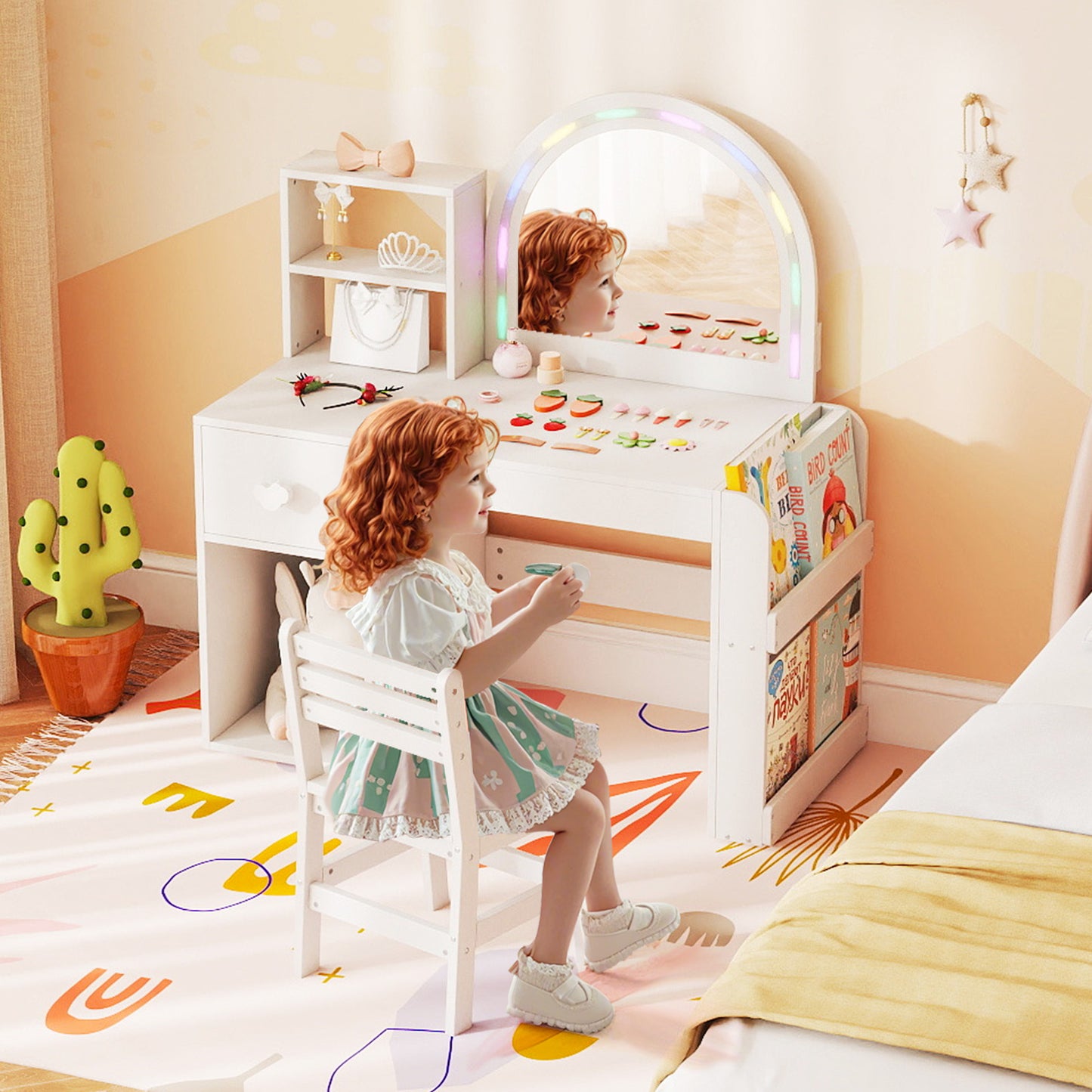 Kids Vanity Table and Chair Set with Lighted Mirror