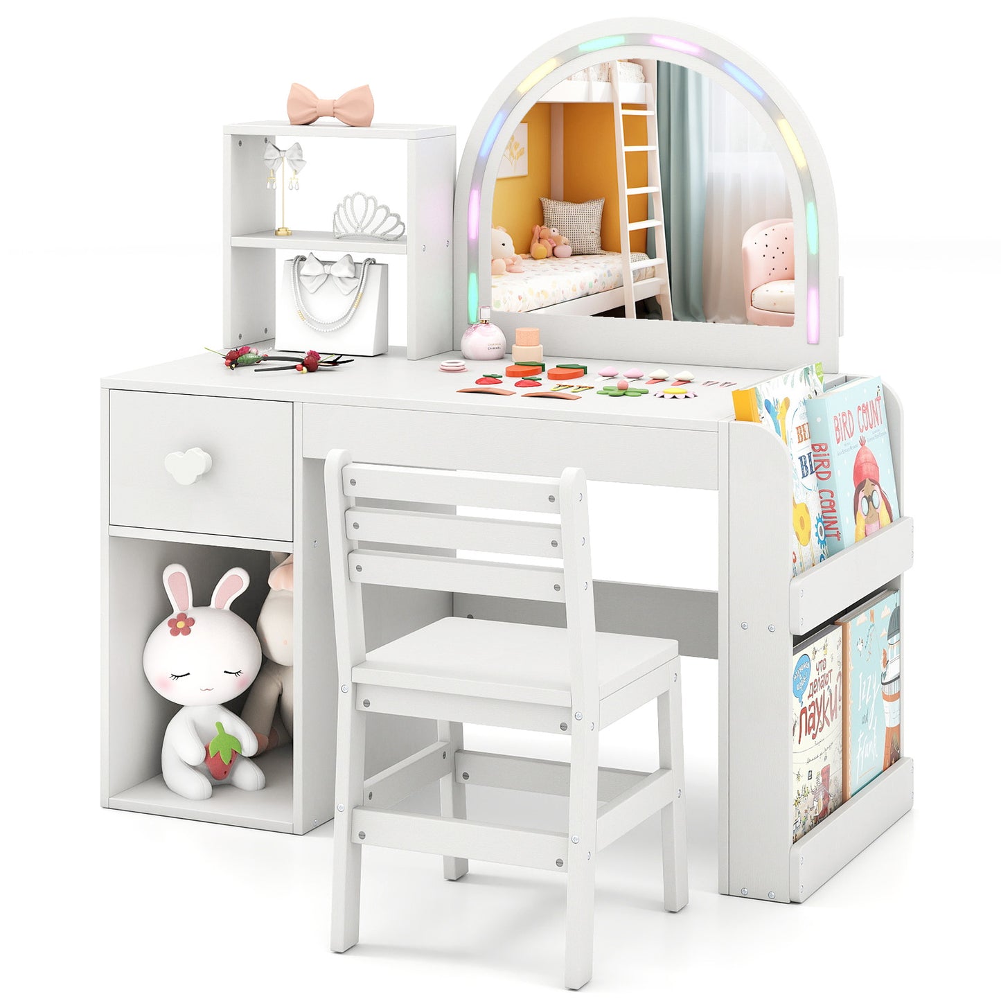 Kids Vanity Table and Chair Set with Lighted Mirror