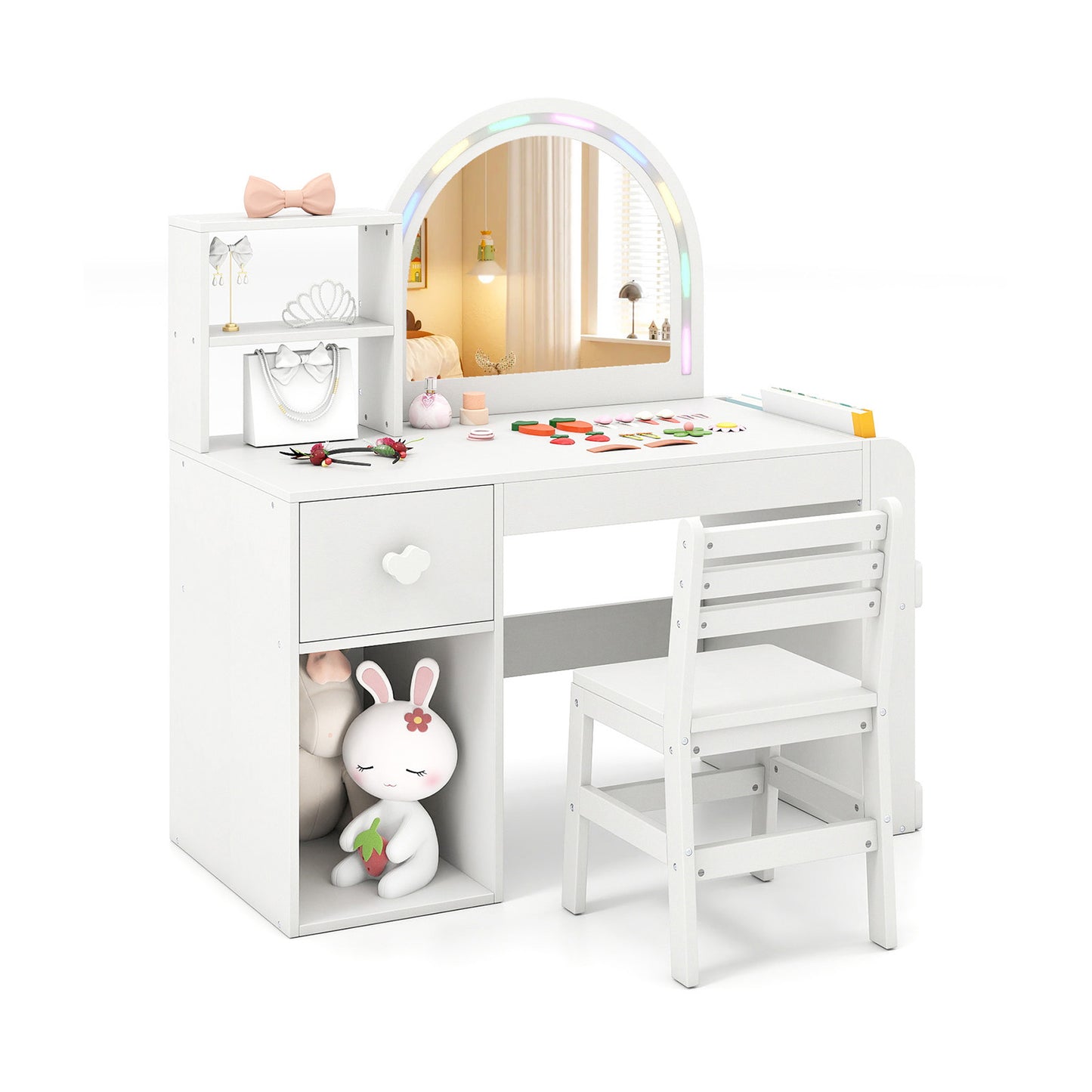 Kids Vanity Table and Chair Set with Lighted Mirror