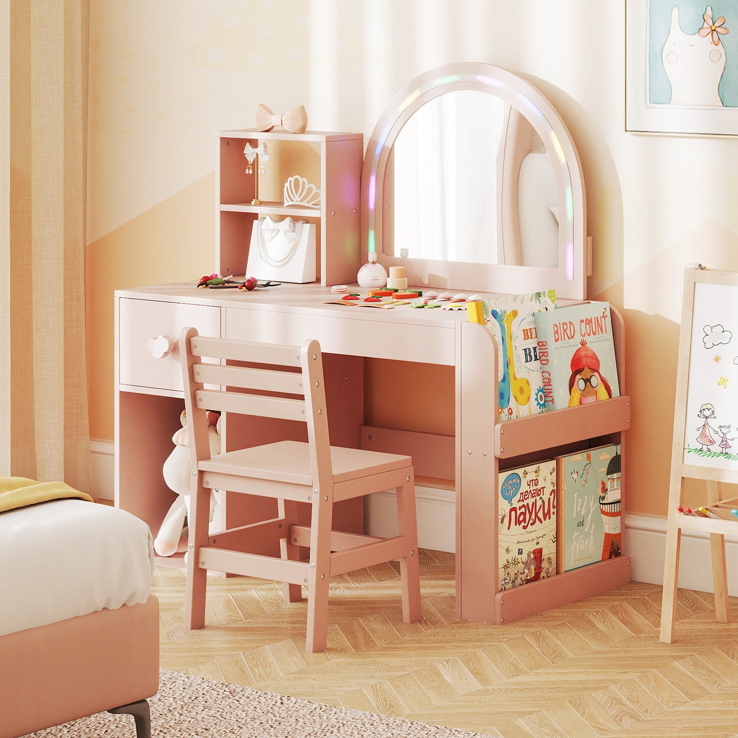 Kids Vanity Table and Chair Set with Lighted Mirror