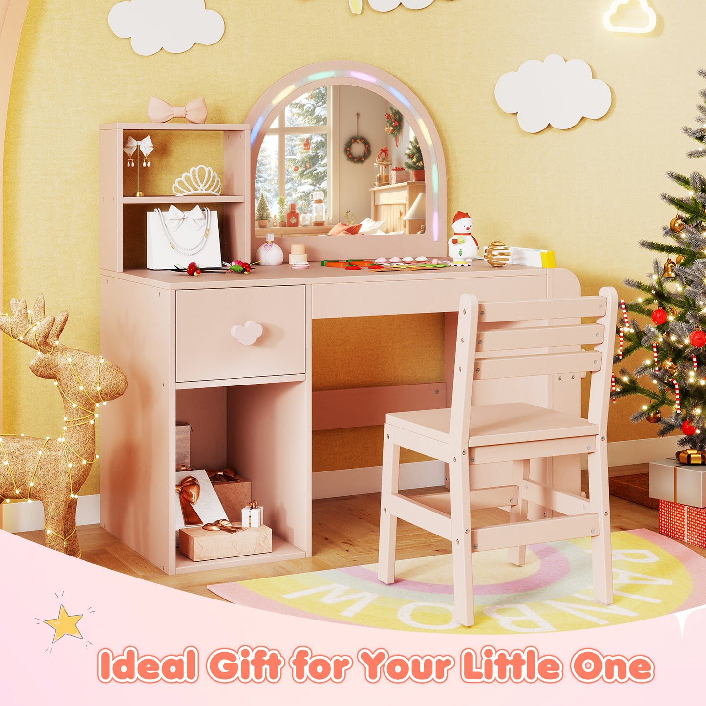 Kids Vanity Table and Chair Set with Lighted Mirror