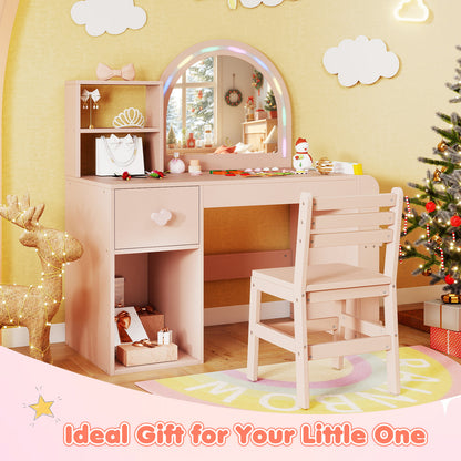 Kids Vanity Table and Chair Set with Lighted Mirror