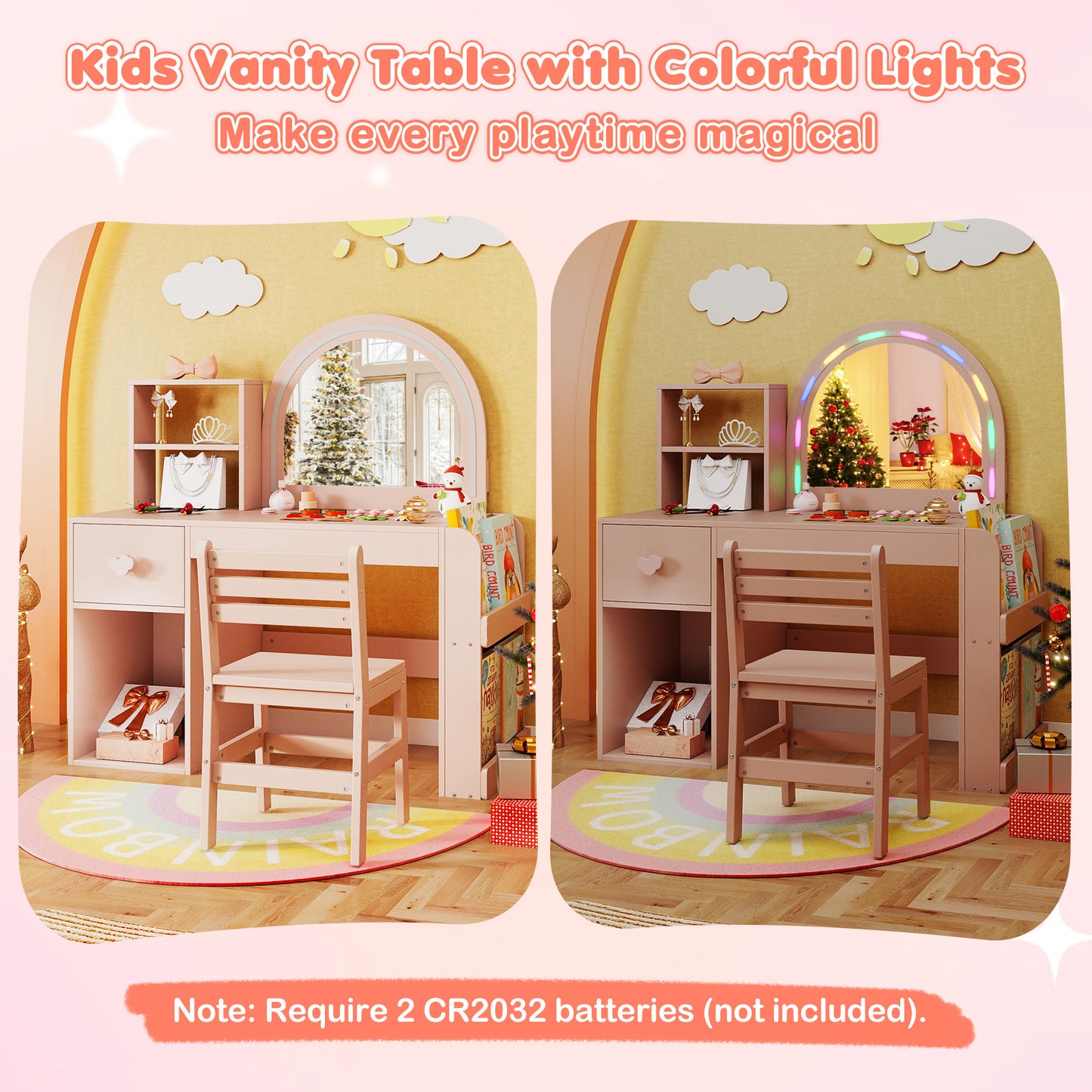 Kids Vanity Table and Chair Set with Lighted Mirror
