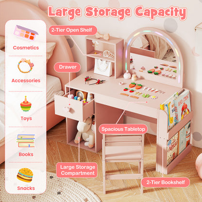 Kids Vanity Table and Chair Set with Lighted Mirror