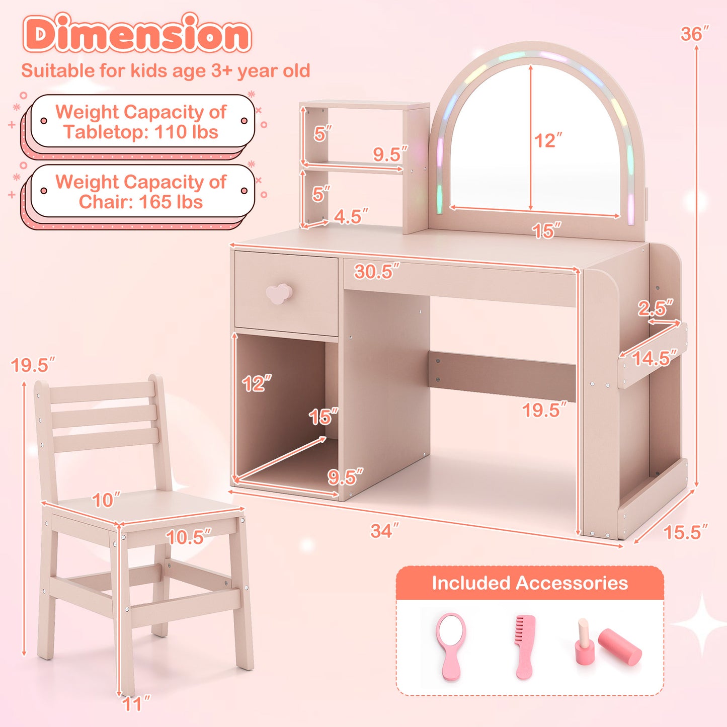 Kids Vanity Table and Chair Set with Lighted Mirror