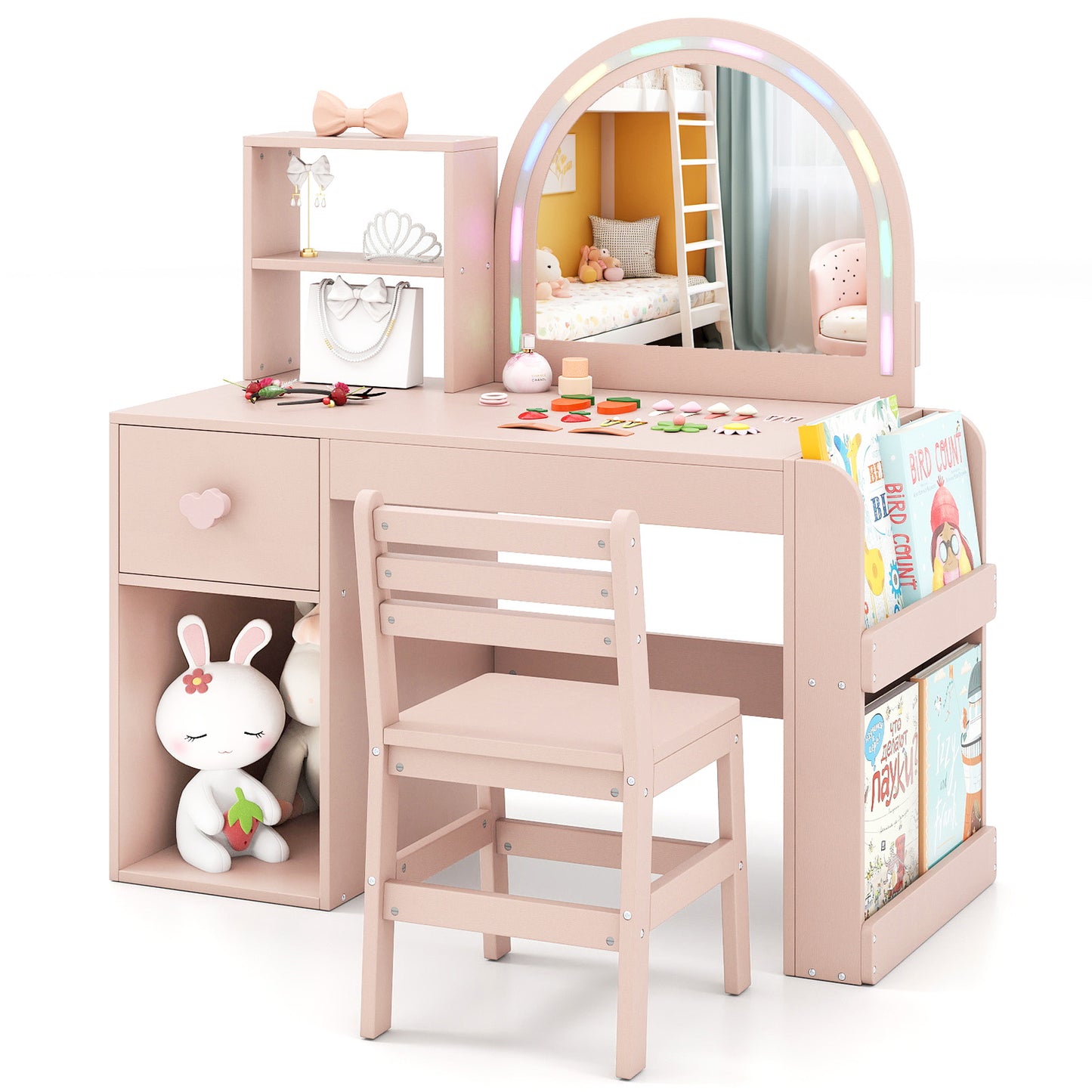 Kids Vanity Table and Chair Set with Lighted Mirror