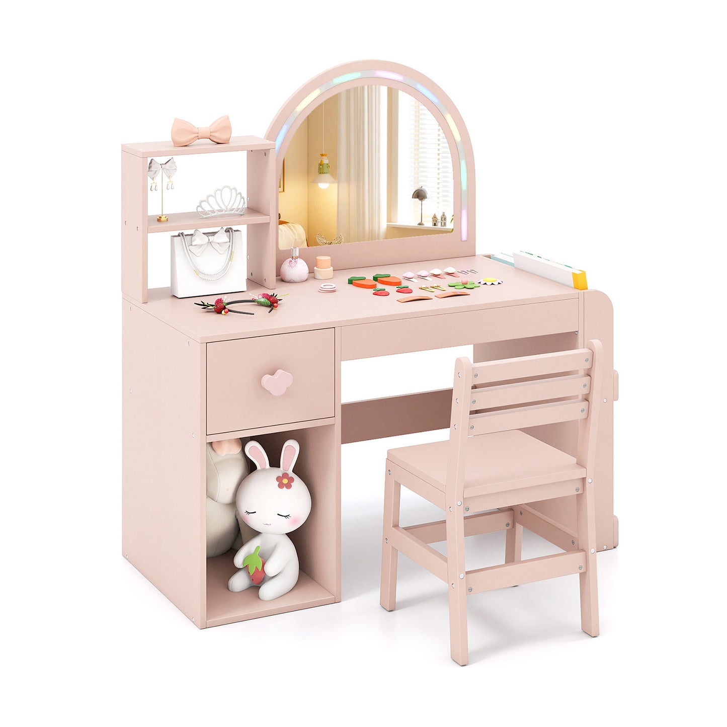 Kids Vanity Table and Chair Set with Lighted Mirror