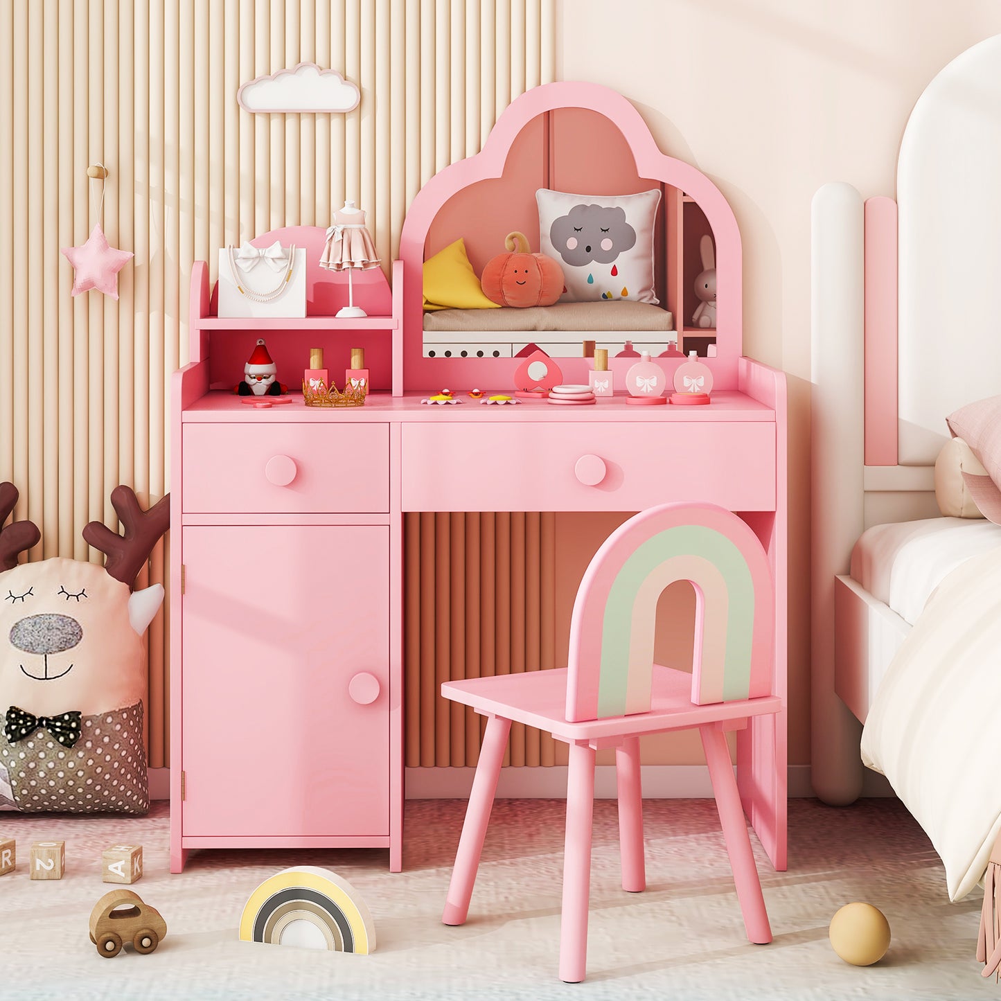 Kids Vanity Table and Chair Set with Cloud-Shaped Mirror