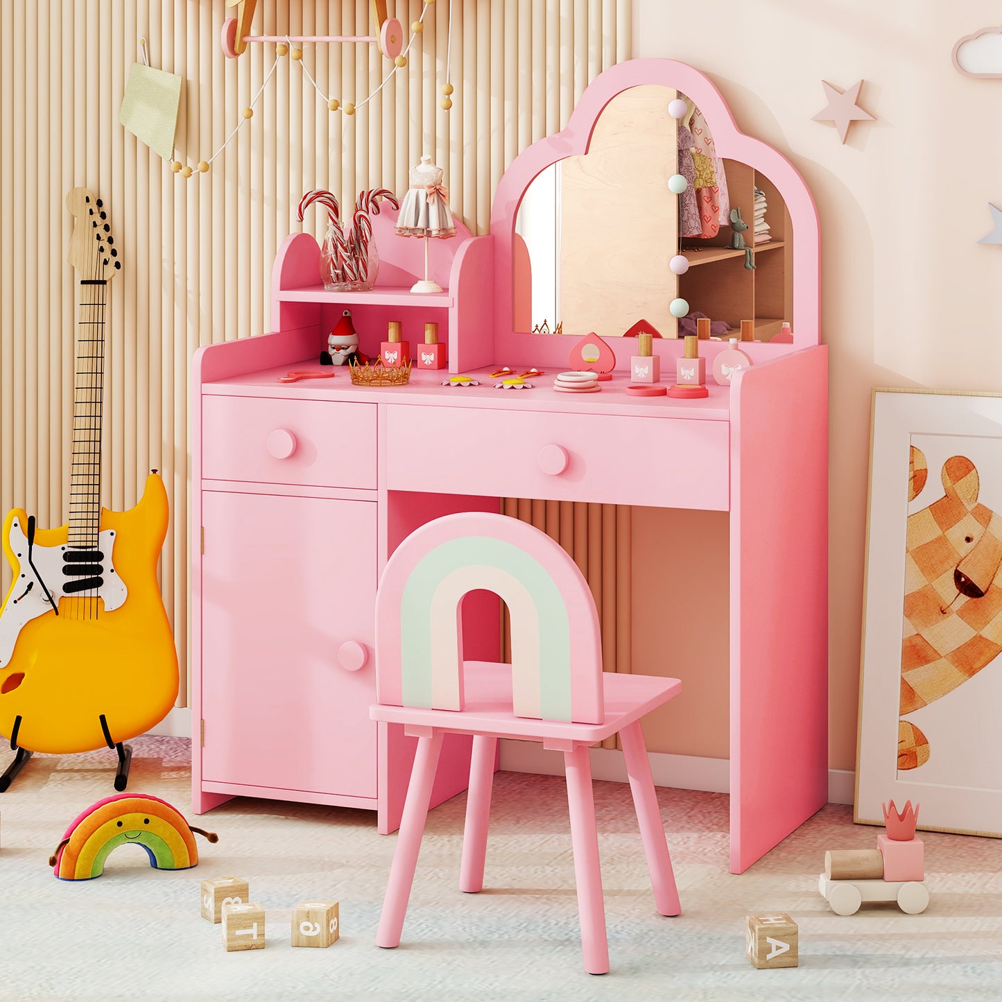 Kids Vanity Table and Chair Set with Cloud-Shaped Mirror