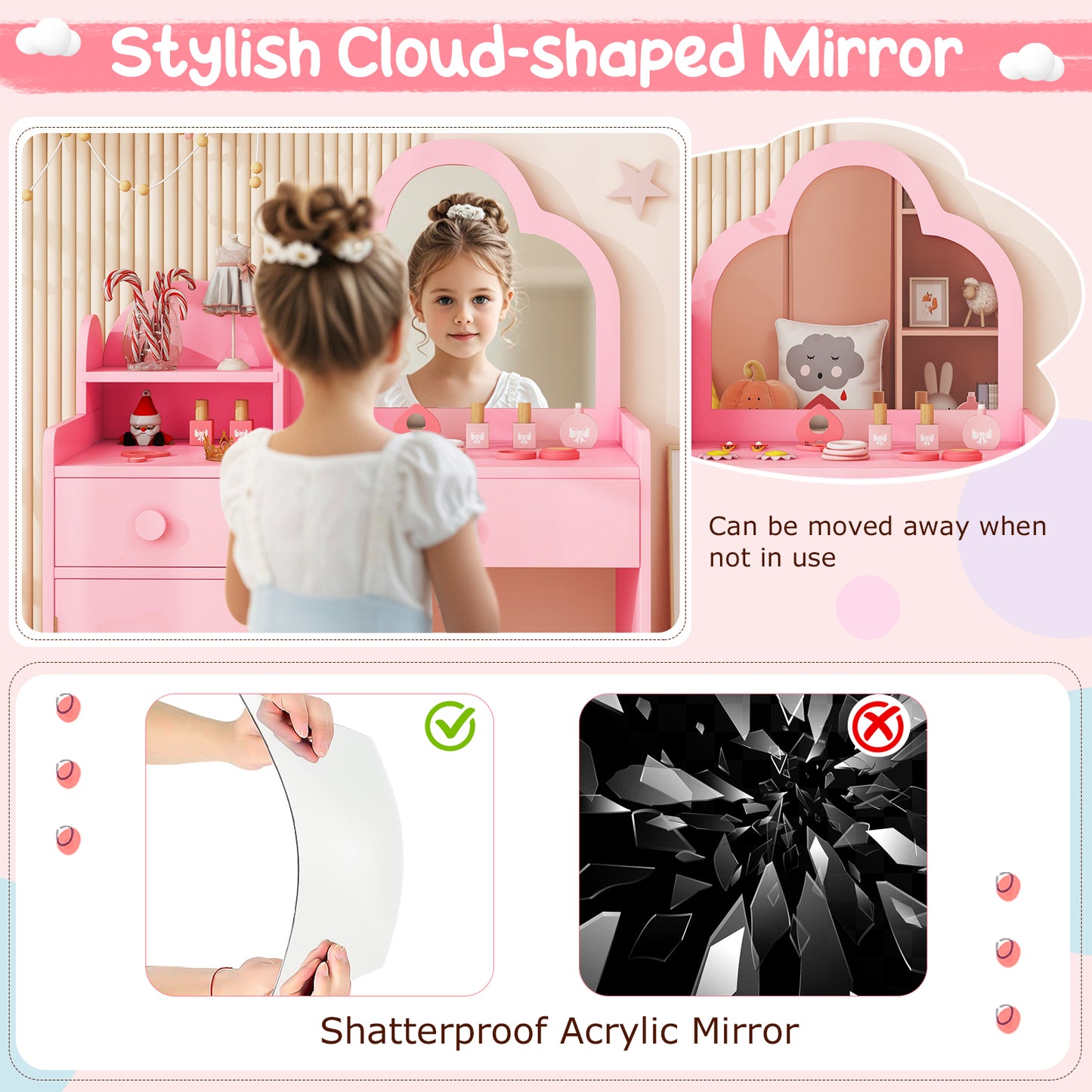 Kids Vanity Table and Chair Set with Cloud-Shaped Mirror