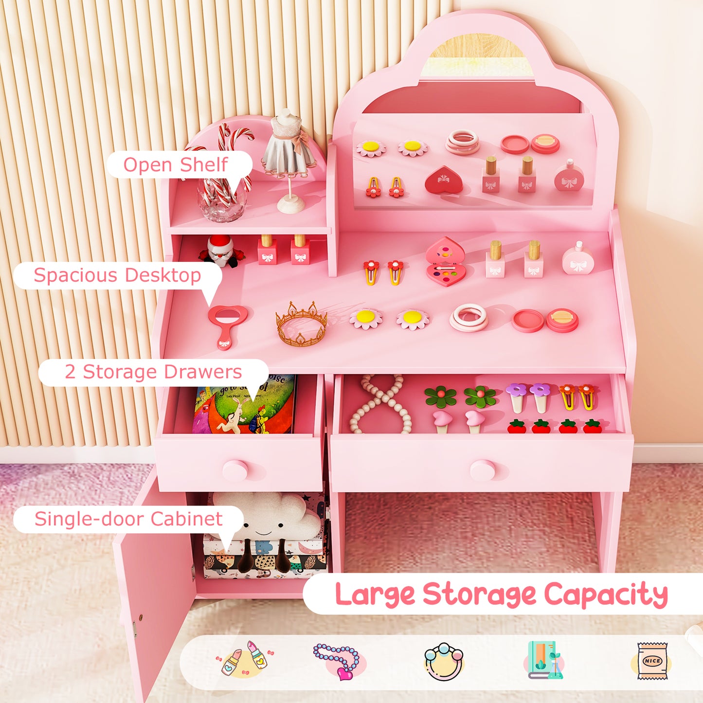 Kids Vanity Table and Chair Set with Cloud-Shaped Mirror