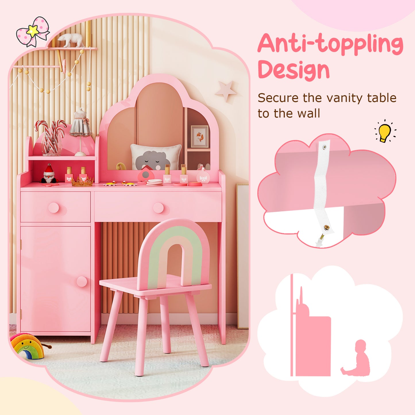 Kids Vanity Table and Chair Set with Cloud-Shaped Mirror