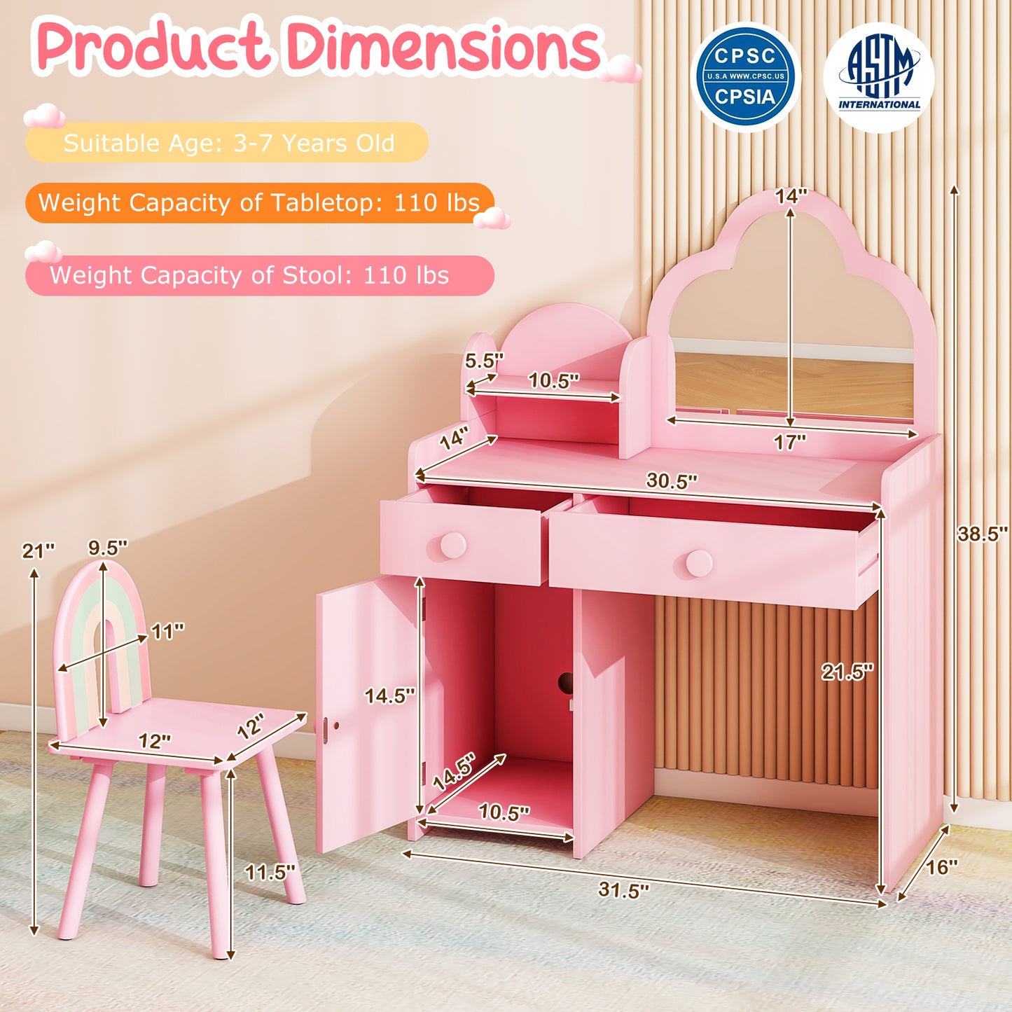 Kids Vanity Table and Chair Set with Cloud-Shaped Mirror