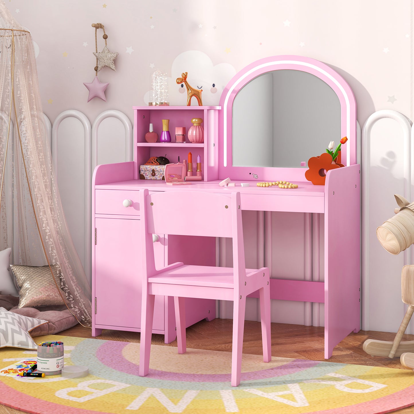 Kids Vanity Table and Chair Set with LED Mirror and Storage