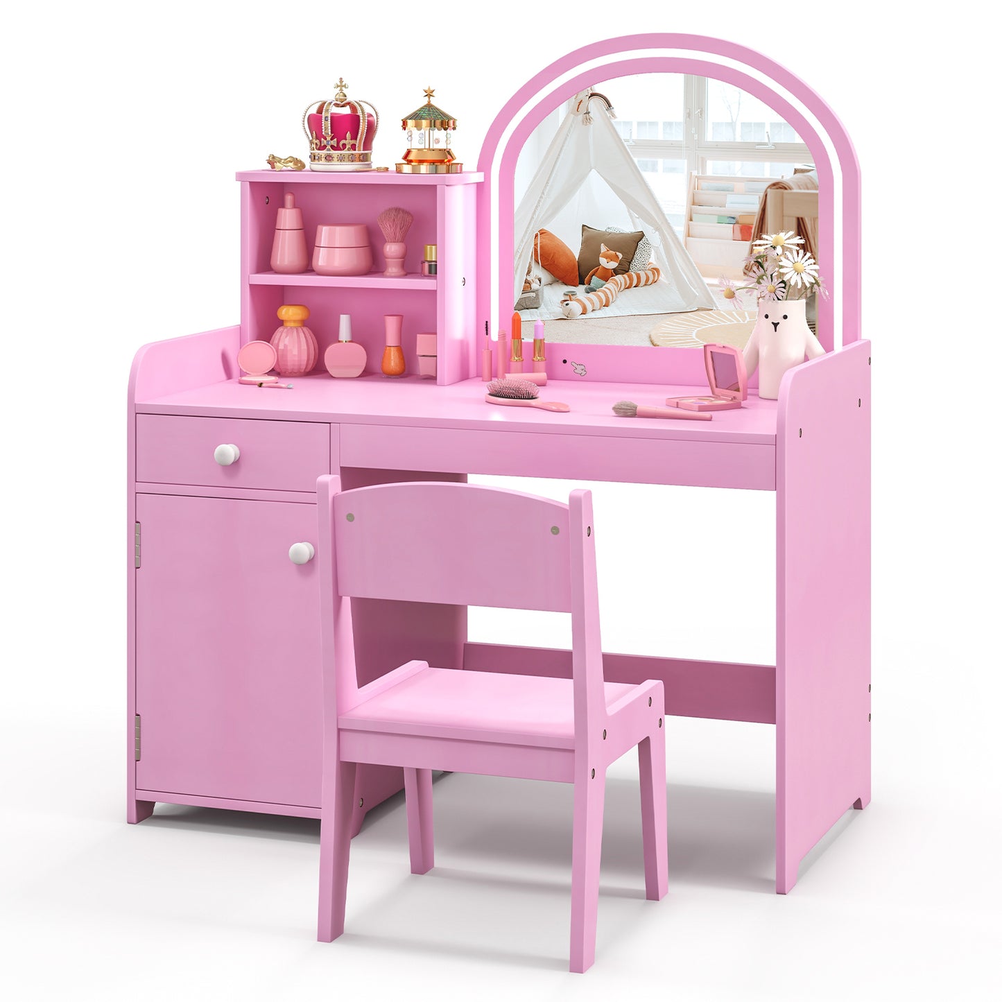 Kids Vanity Table and Chair Set with LED Mirror and Storage