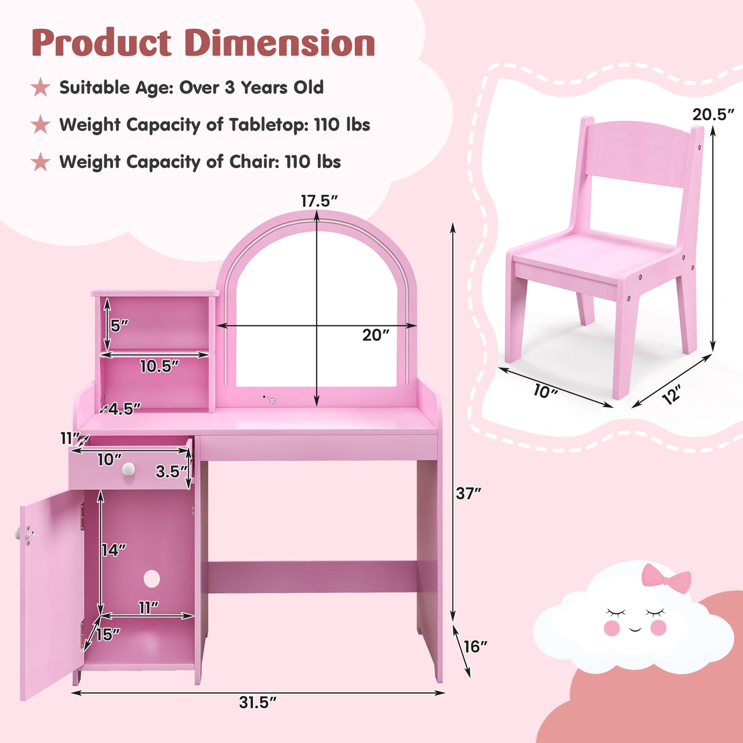 Kids Vanity Table and Chair Set with LED Mirror and Storage