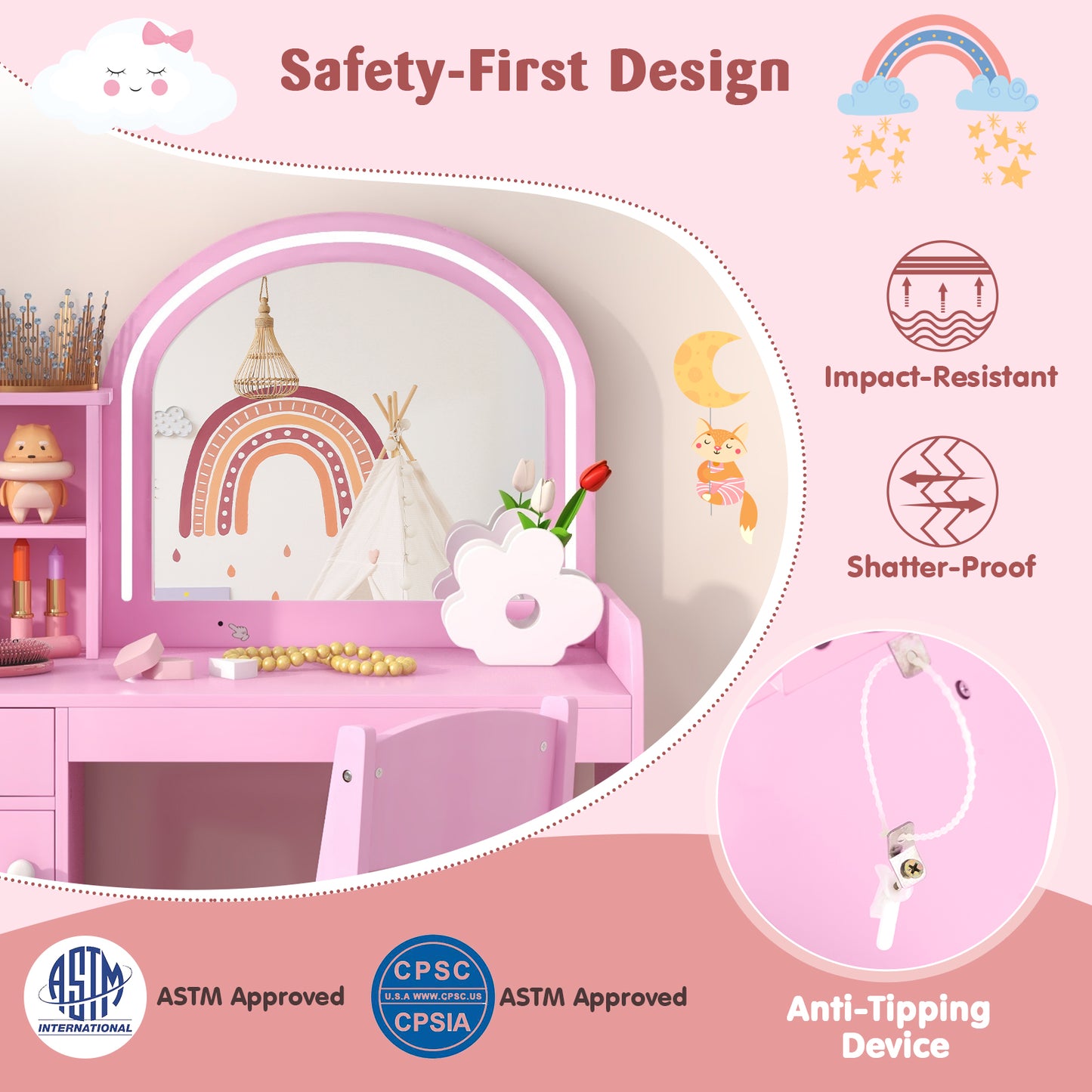 Kids Vanity Table and Chair Set with LED Mirror and Storage