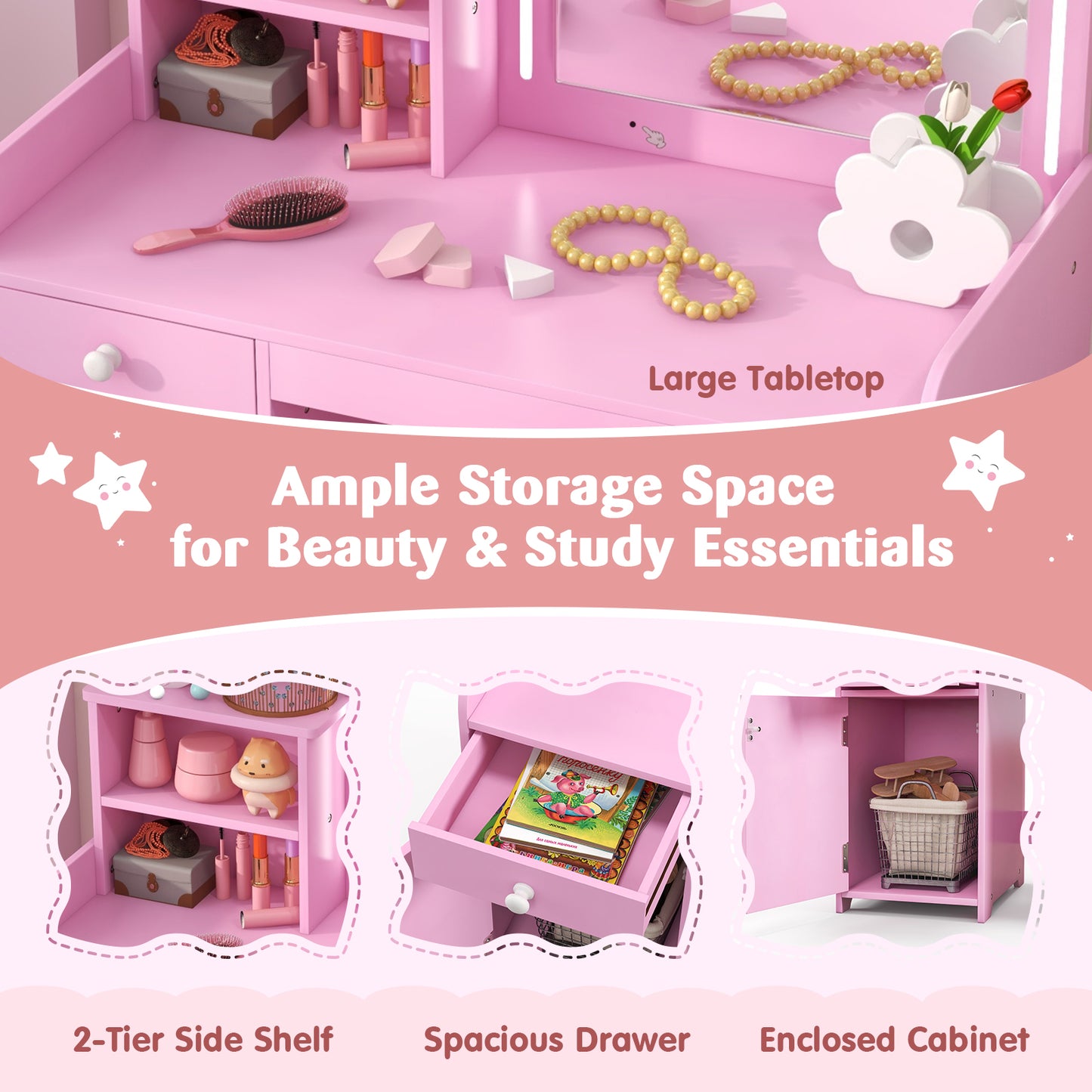 Kids Vanity Table and Chair Set with LED Mirror and Storage