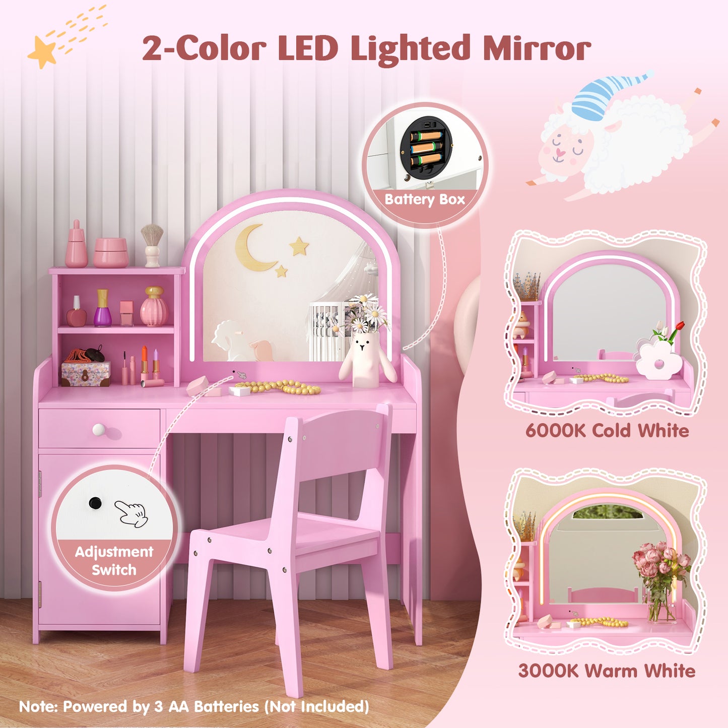 Kids Vanity Table and Chair Set with LED Mirror and Storage