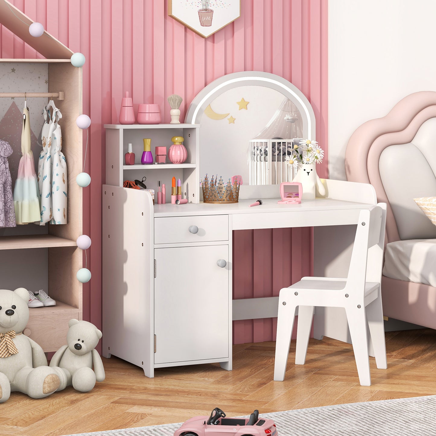 Kids Vanity Table and Chair Set with LED Mirror and Storage